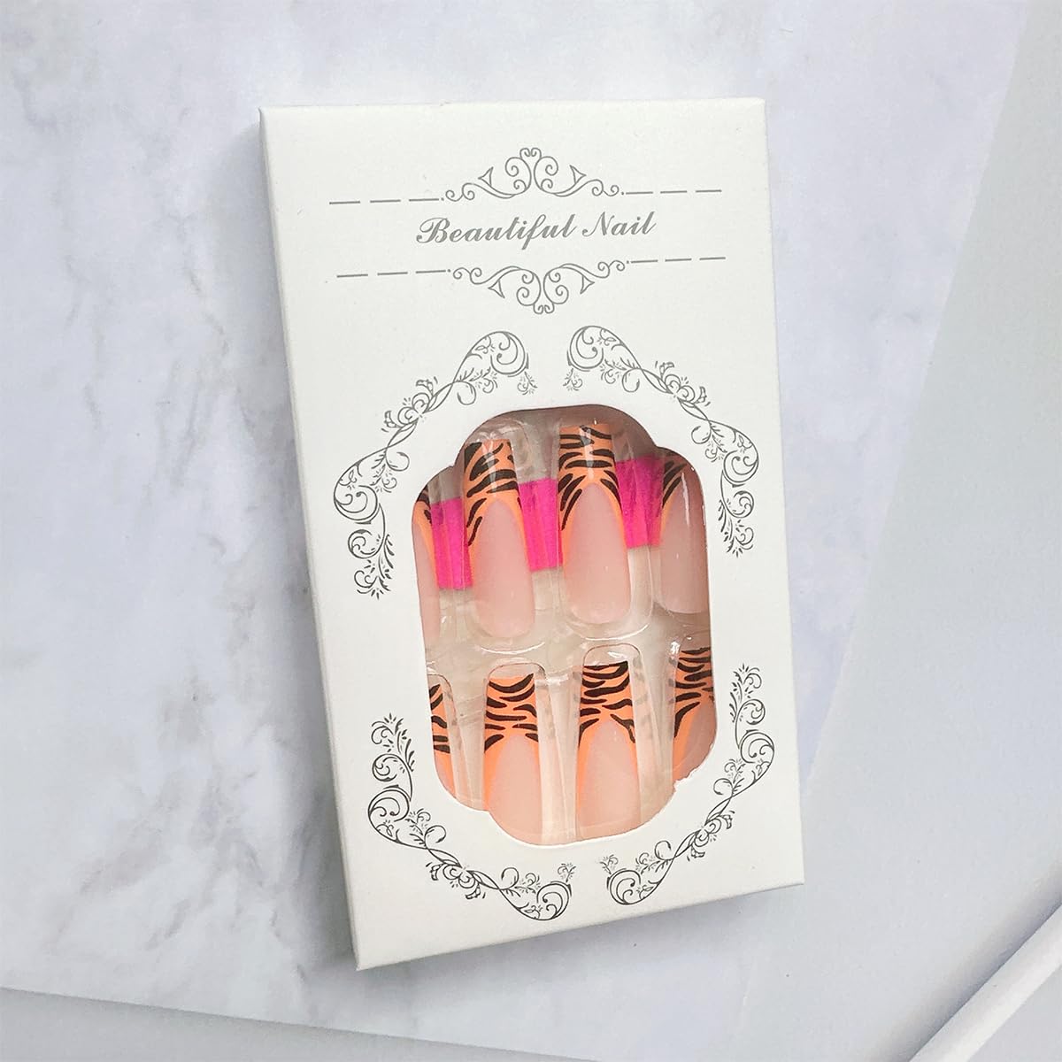 Tiger Print French Long Coffin Press-On Nails Acrylic False Nails - Free Shipping