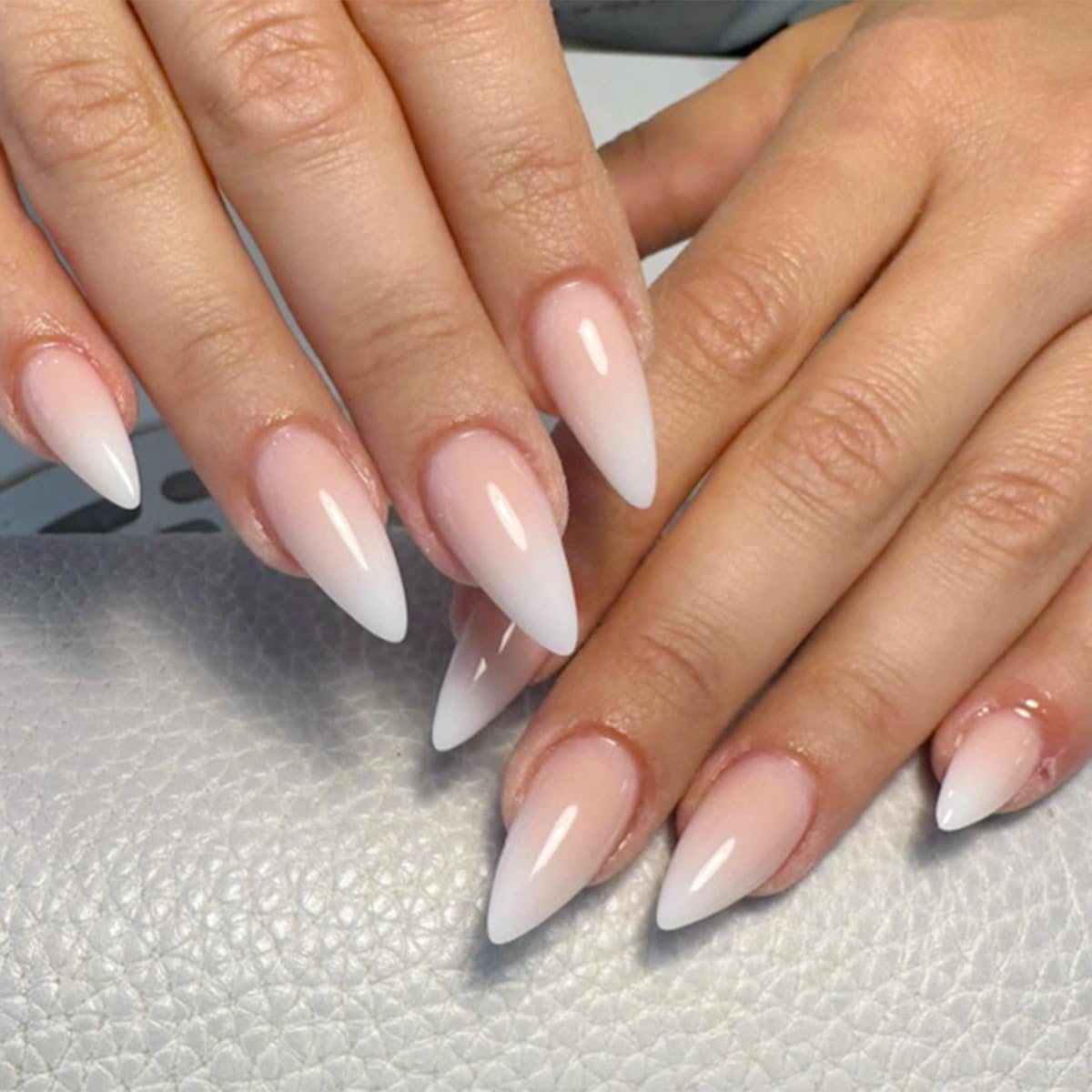 Chic White Pink Ombre Almond  Press-On Nails Gradient Design - Free Shipping