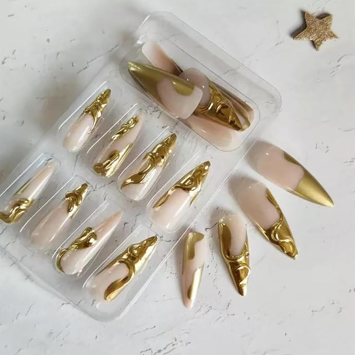 24Pcs Gold French Tip Press on Nails Long Almond Fake Nails with 3D Chrome Gold Irregular Lines Designs Glossy Nude Acrylic Nails Stiletto False Nails Full Cover Artificial Stick on Nails for Women