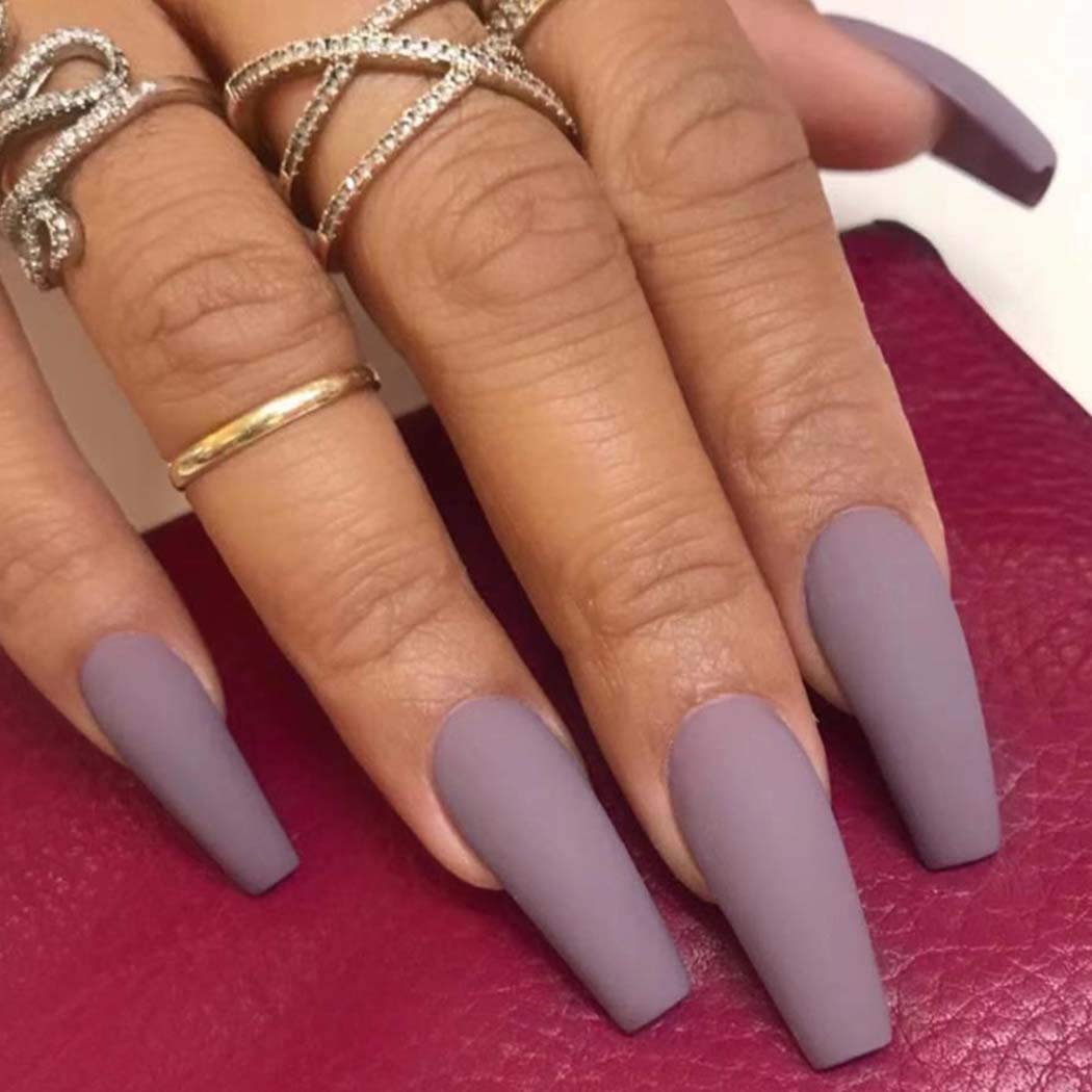 Mauve Purple Matte Long Coffin Press-On Nails Acrylic Fake Nails-Free Shipping