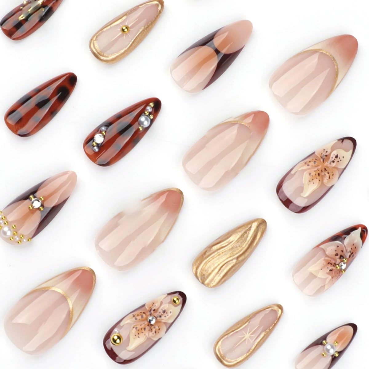 Press on Nails Almond Medium Fake Nails Brown Glue on Nails Flower Design Acrylic Nails 3D Gold Texture Manicure False nails 22 Pcs (Brown-3, M-3)