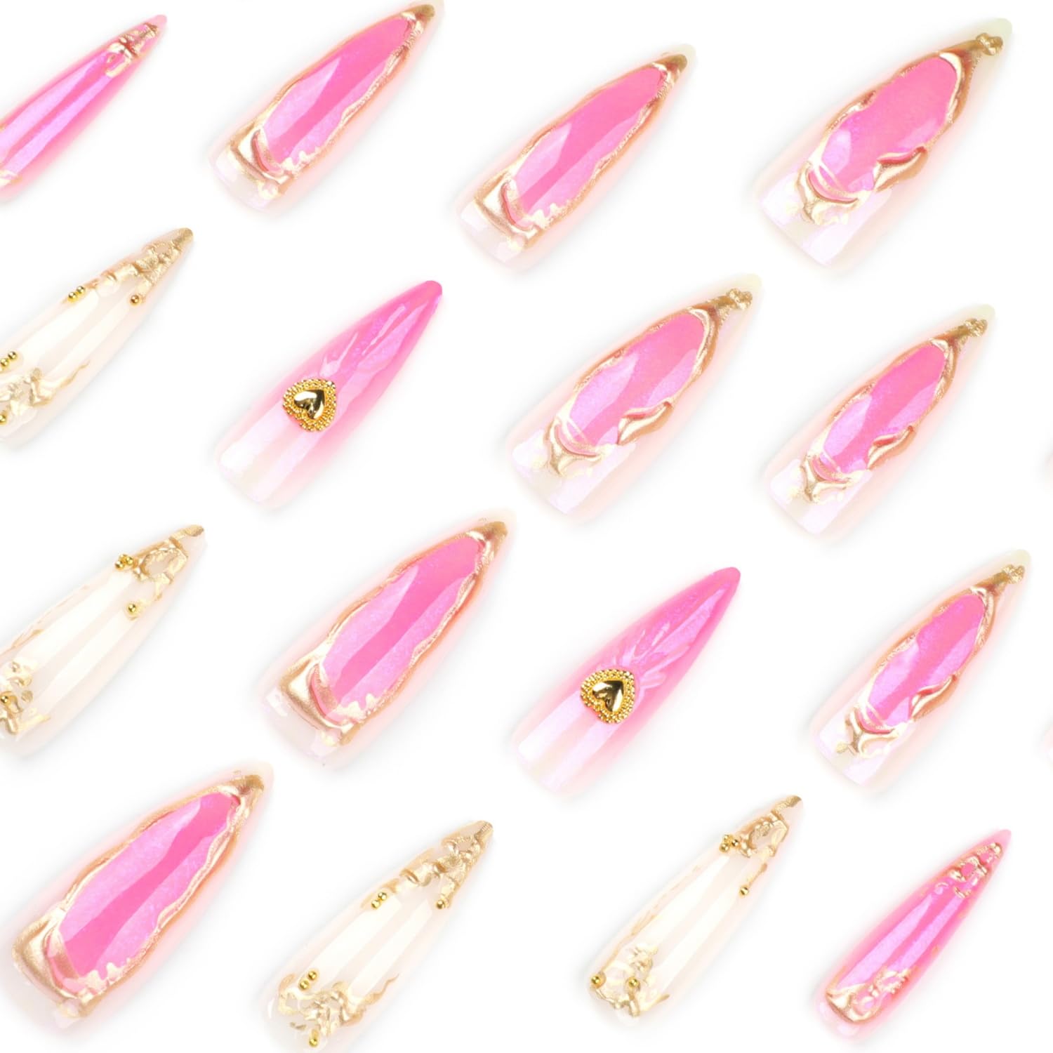 Press on Nails Long Almond Fake Nails with 3D Design Gold Glue on Nails Heart Stick on Nails Glossy Reusable Artificial Acrylic Full Cover False Nails for Women Manicure 24 Pcs (Gold-31, Nails-31)