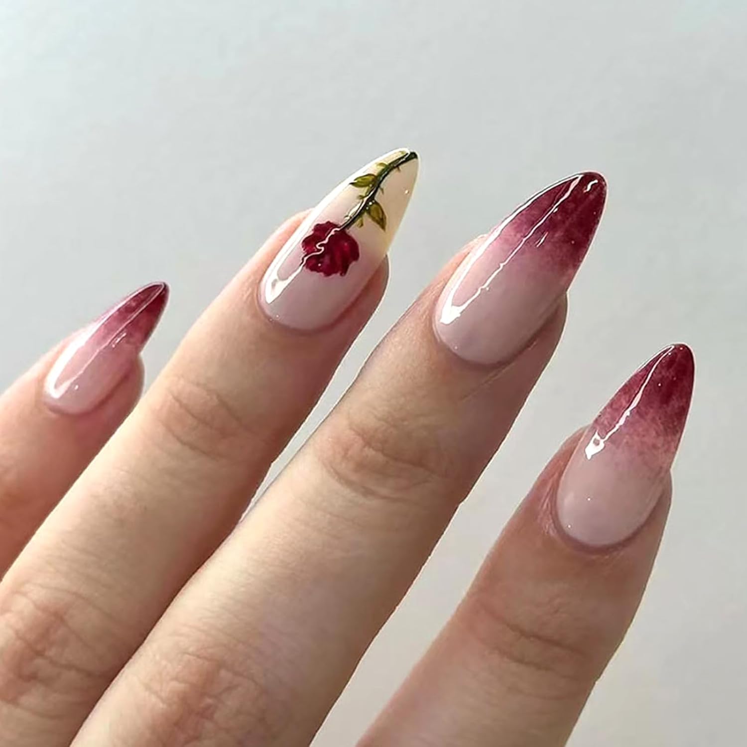 Rose Flower Press on Nails Bright Red Rose Fake Nails Medium Almond False Nails Glossy Acrylic Stick on Nails Red Gradient Artificial Nails Valentines Glue on Nails for Women Girls 24 Pcs