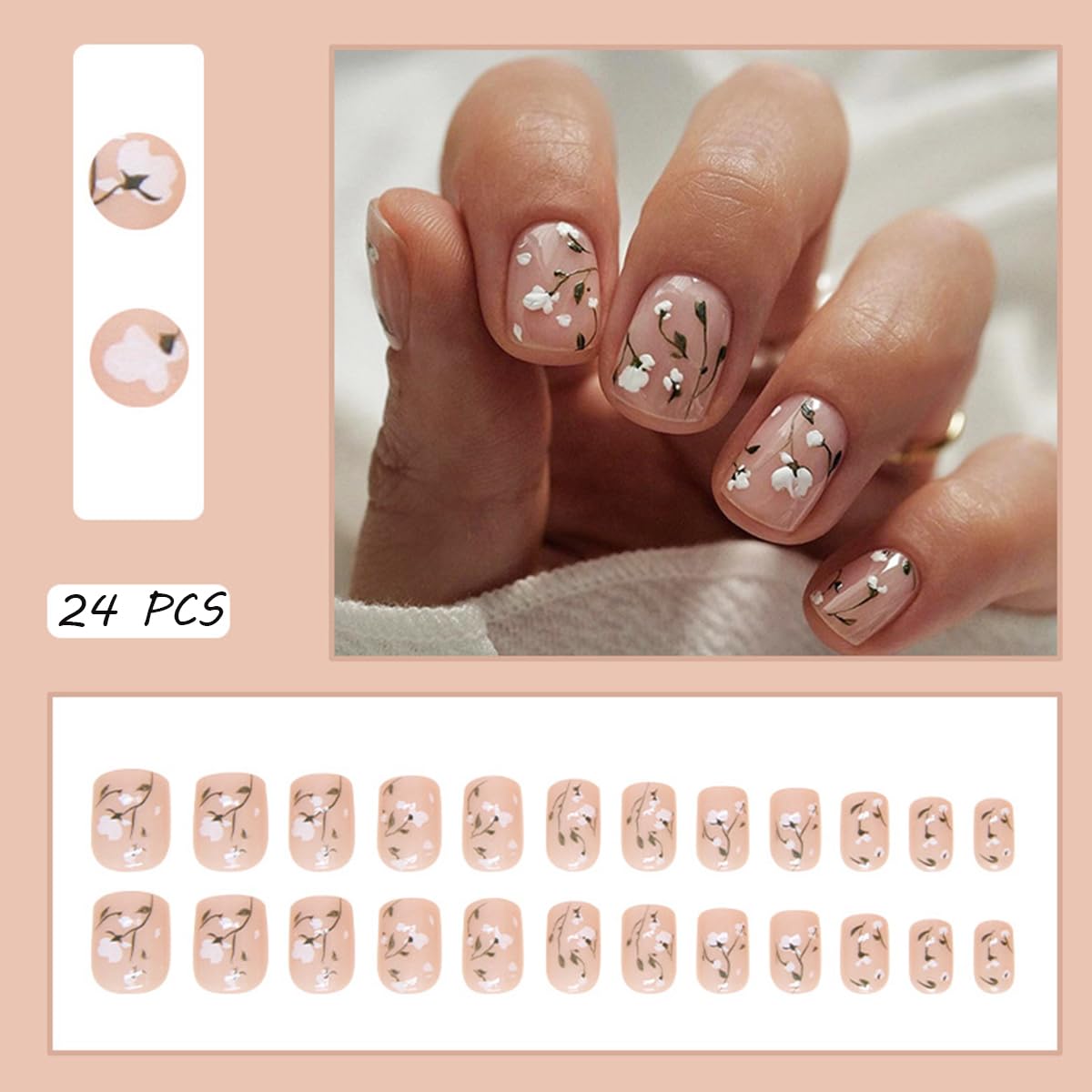 Soft White Bloom Flower Press on Nails - 24 Pcs Medium Square Full Cover Fake Nails - Free Shipping