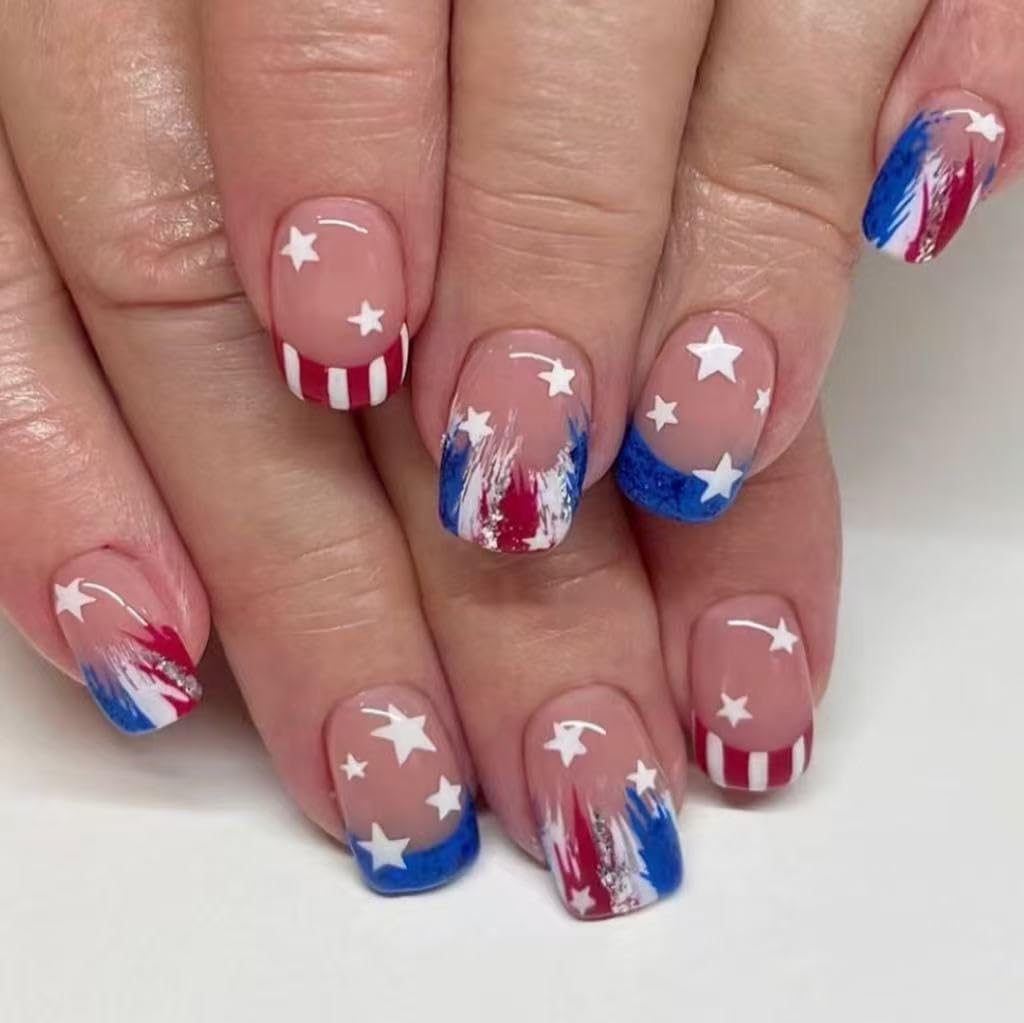 Medium Press on Nails Independence Day Fake Nails with Fireworks and Stripe Designs Bald Eagle Glue on Nails 4th of July Flag Stick on Nails Blue Red Glue on Nails for Women Girls 24Pcs