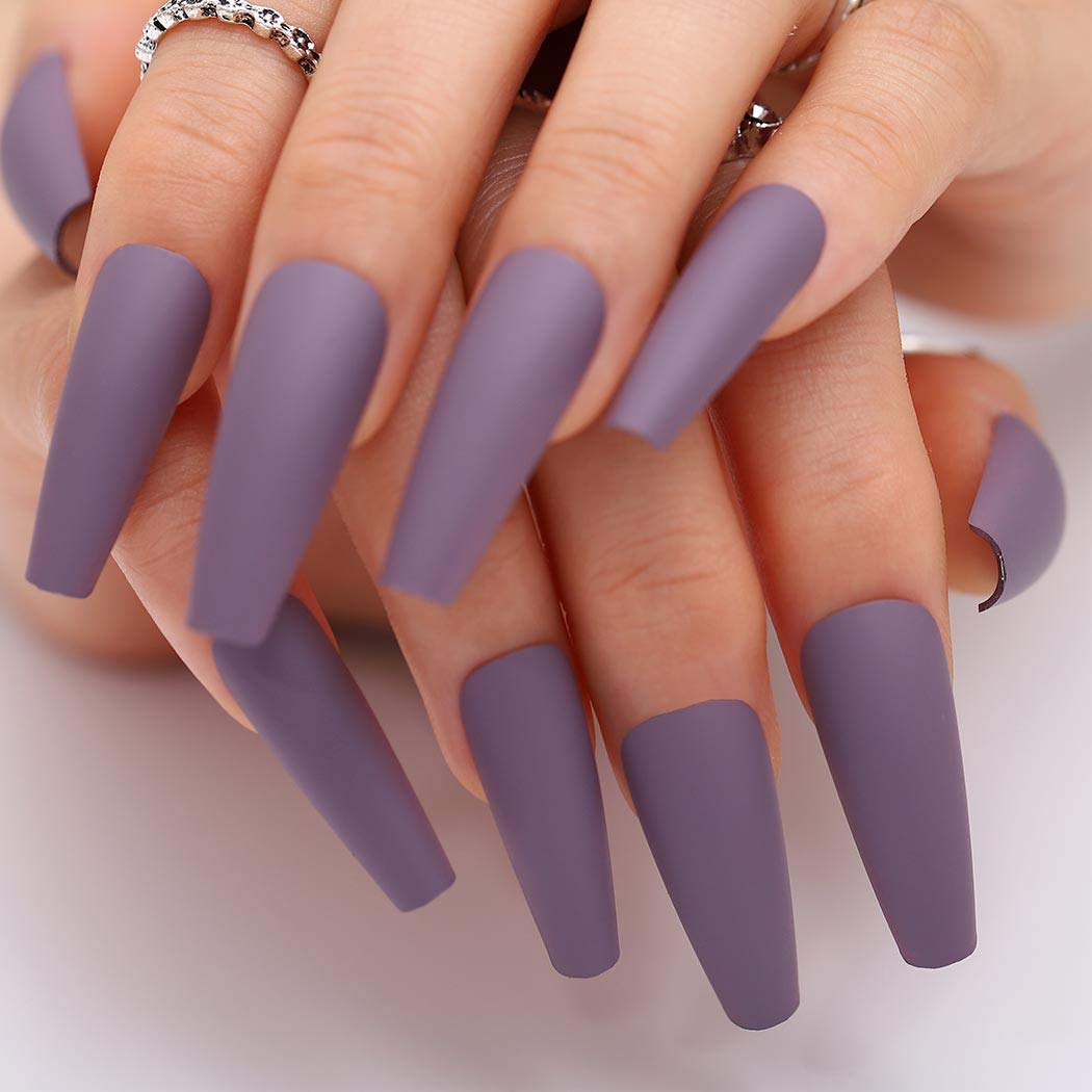Mauve Purple Matte Long Coffin Press-On Nails Acrylic Fake Nails-Free Shipping