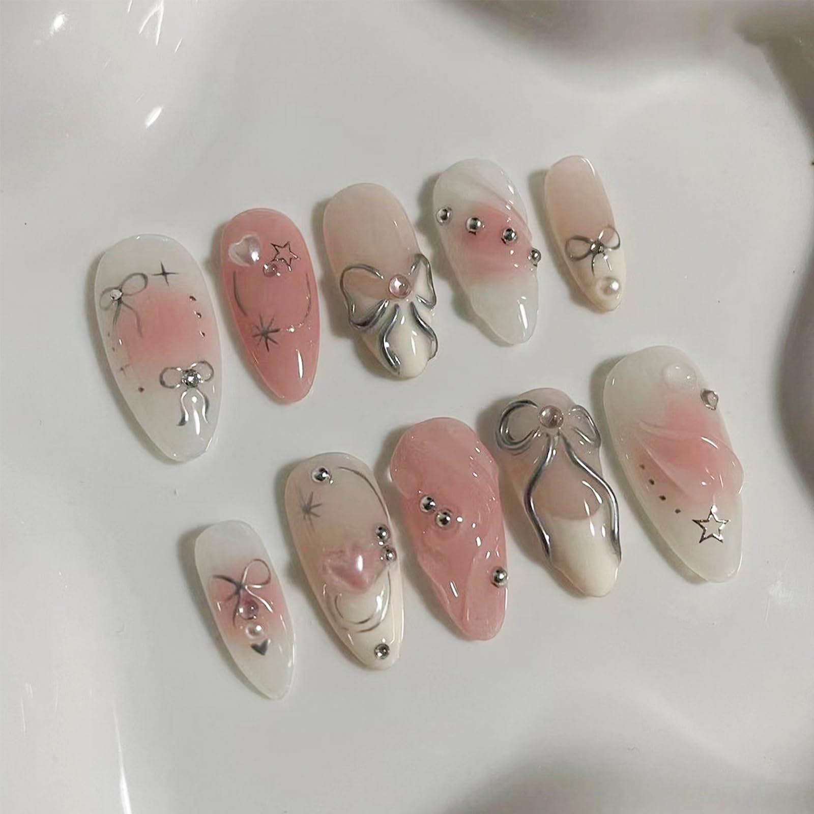 Peach Blossom Press on Nails Short Medium Almond Fake Nails with 3D Pearl Diamond Designs Pink Flower Full Cover Stick on Nails Pink White Gradient Glossy Acrylic Nails False Nails for Women 24Pcs