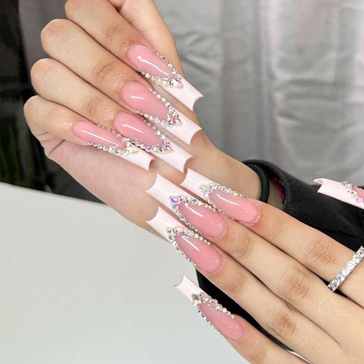 Pink French Rhinestone Long Coffin Press-on Nails Acrylic False Nails - Free Shipping