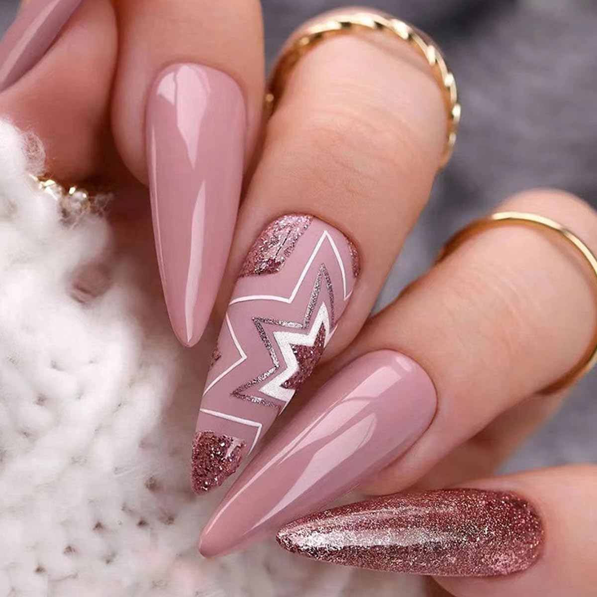 Stiletto Press on Nails Long Pink White Star Glitter-Free Shipping - Lady Luana Luxe Nails