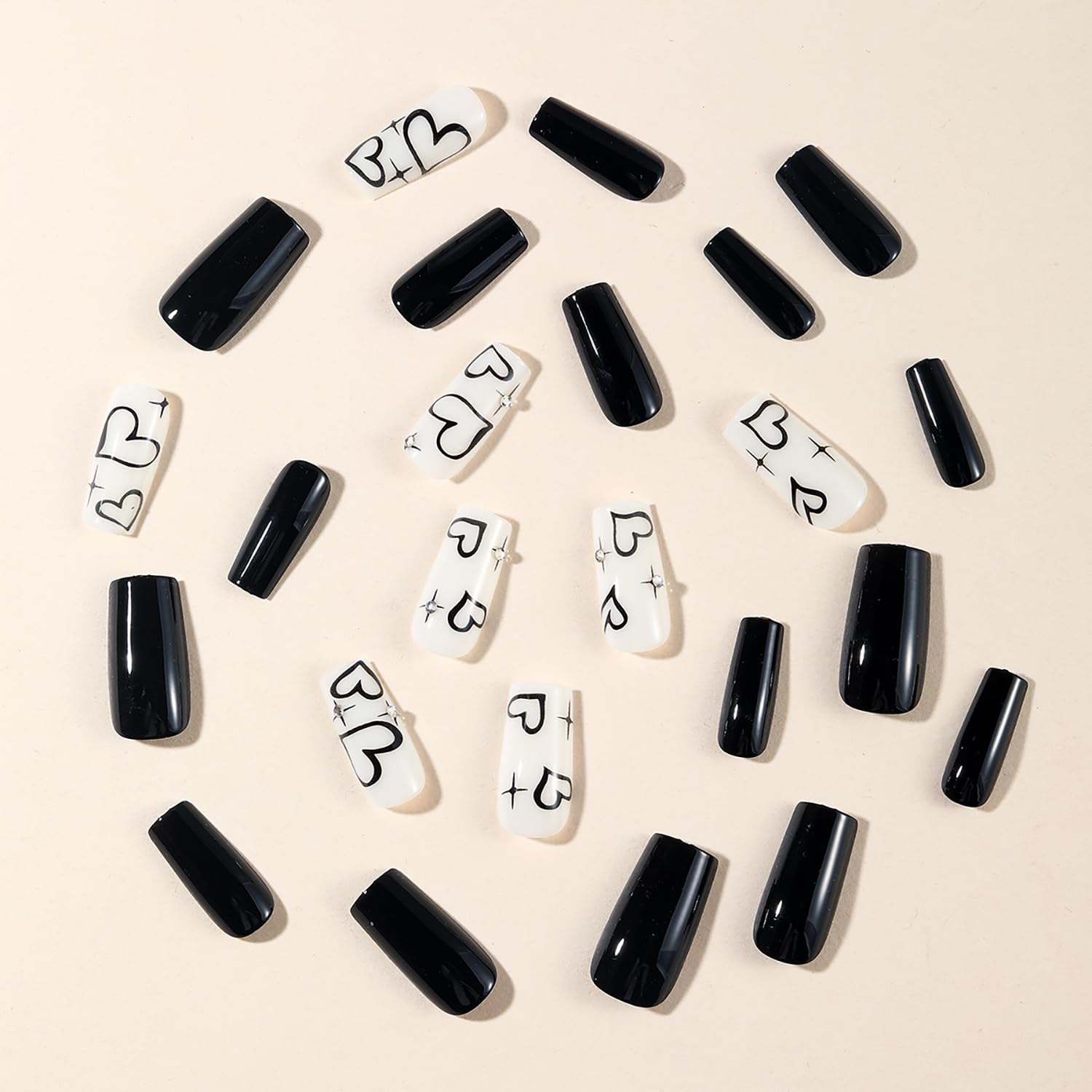 24Pcs Medium Valentines Press on Nails Black Heart Fake Nails Glossy Acrylic Nails Square False Nails Hearts Rhinestone Designs Black White Stick on Nails Valentine's Day Glue on Nails for Women
