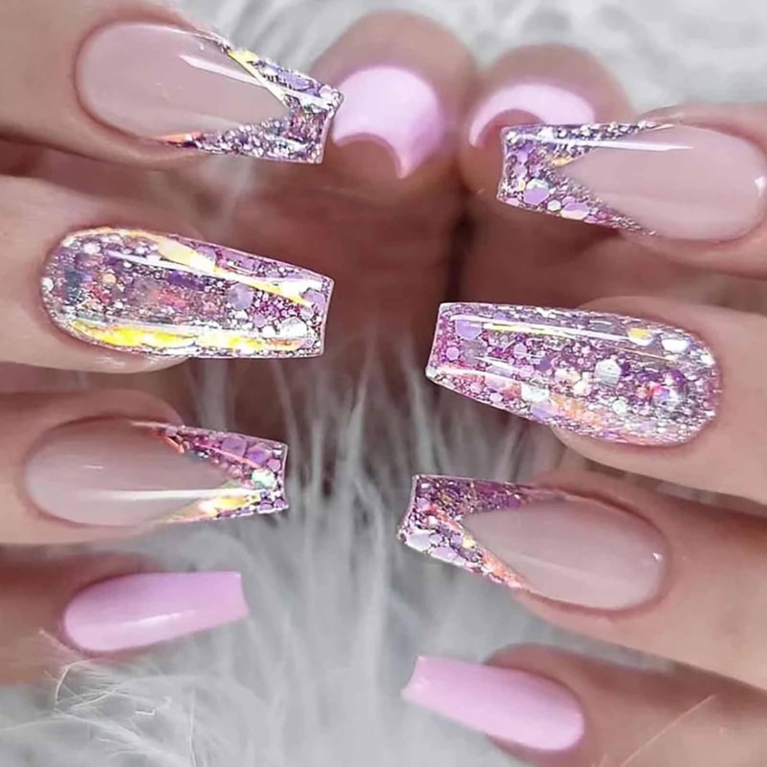 Nude Glitter Press On Medium Coffin False Nails -Free Shipping - Lady Luana Luxe Nails