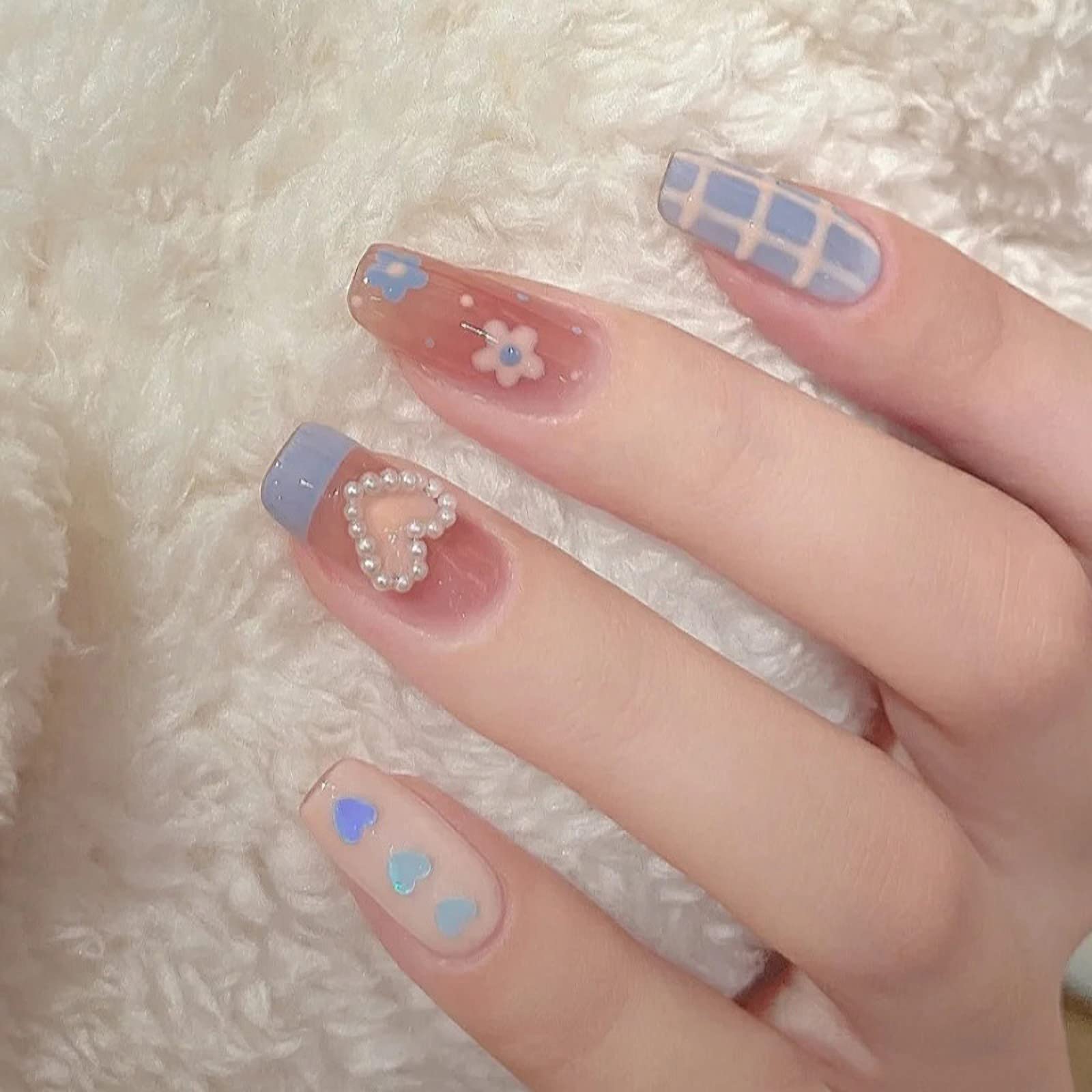 BABALAL Glossy Press on Nails Long Coffin Full Cover False Nails Shiny Stick on Nails Nude Fake Nails for Women and Girls