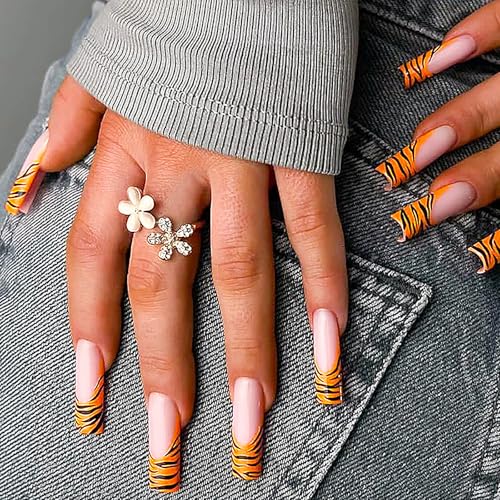 Tiger Print French Long Coffin Press-On Nails Acrylic False Nails - Free Shipping