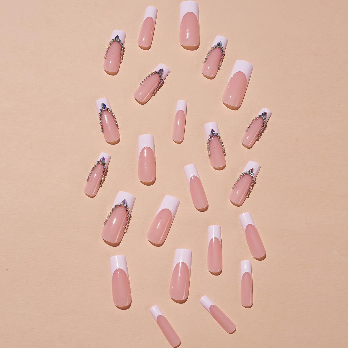 Pink French Rhinestone Long Coffin Press-on Nails Acrylic False Nails - Free Shipping