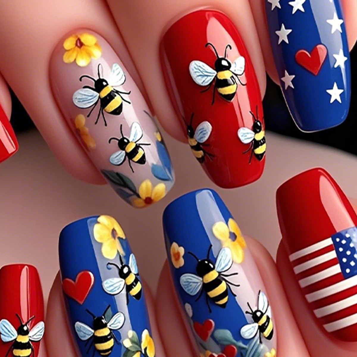 Press on Nails Independence Day Medium Length Fake Nails Red Stripe Glossy False Nails with 3D Star Designs 4th of July Reusable Acrylic Nails Square False Nails for Women Girls 24Pcs