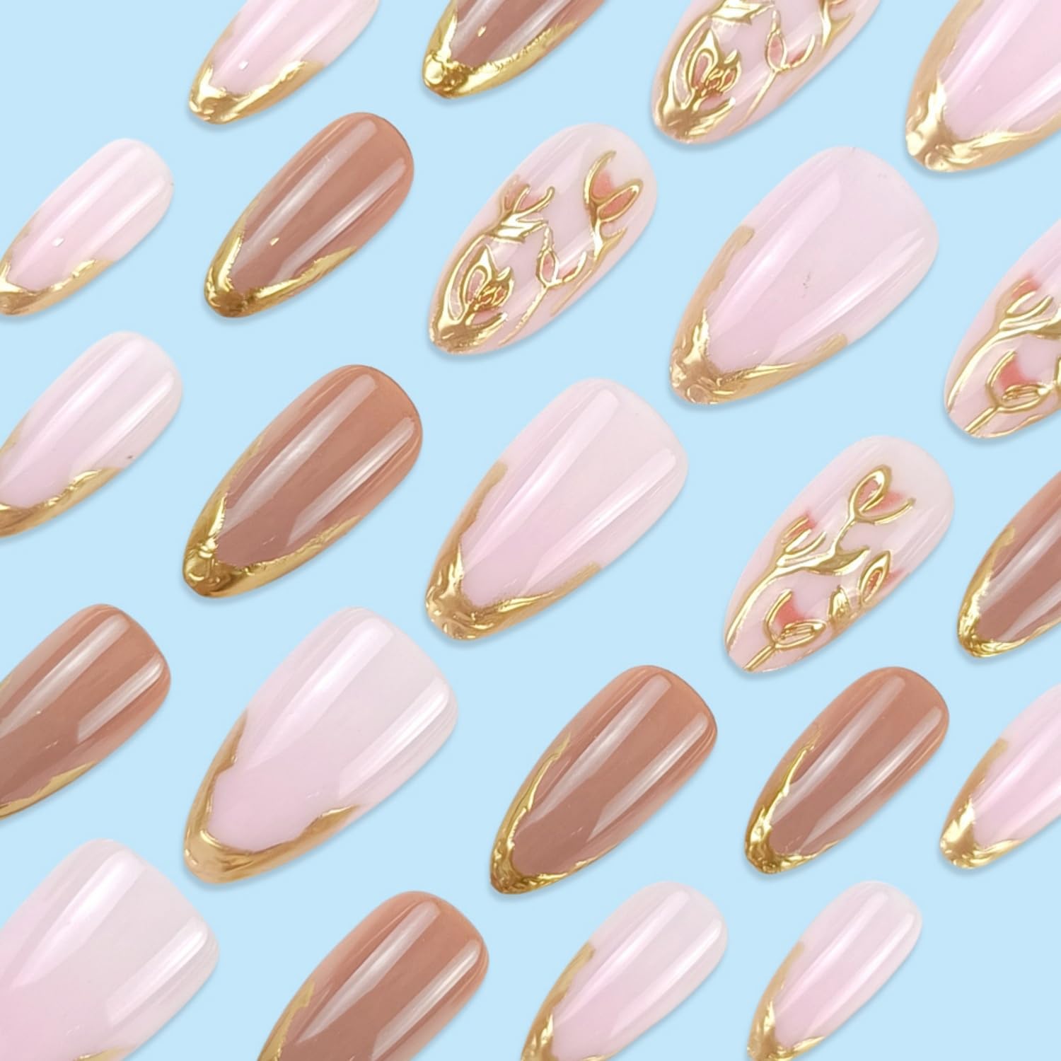 Flower Press on Nails Medium Almond Fake Nails Gold French Tip with 3D Floral Gold Stripes Designs Stick on Nails Glossy Reusable Artificial Acrylic Full Cover False Nails for Women 2 (Gold-18, M-18)