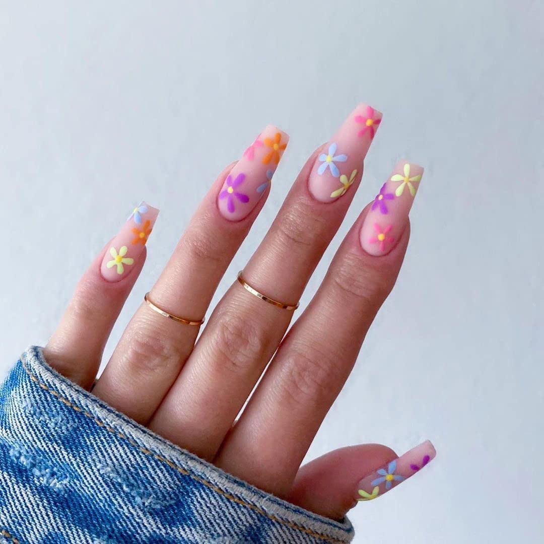 BABALAL Glossy Press on Nails Long Coffin Full Cover False Nails Shiny Stick on Nails Nude Fake Nails for Women and Girls