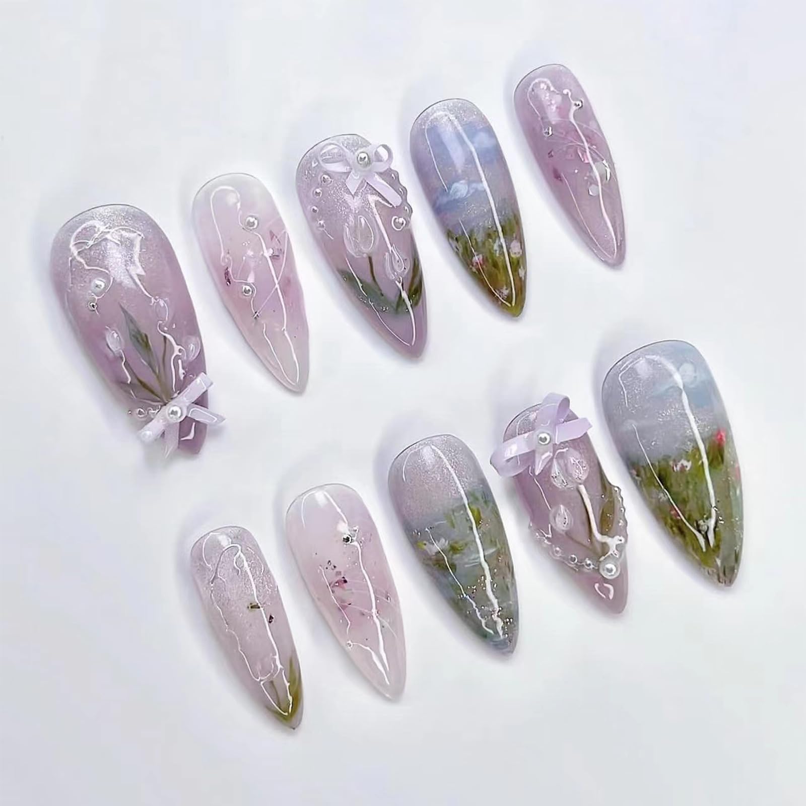 Peach Blossom Press on Nails Short Medium Almond Fake Nails with 3D Pearl Diamond Designs Pink Flower Full Cover Stick on Nails Pink White Gradient Glossy Acrylic Nails False Nails for Women 24Pcs