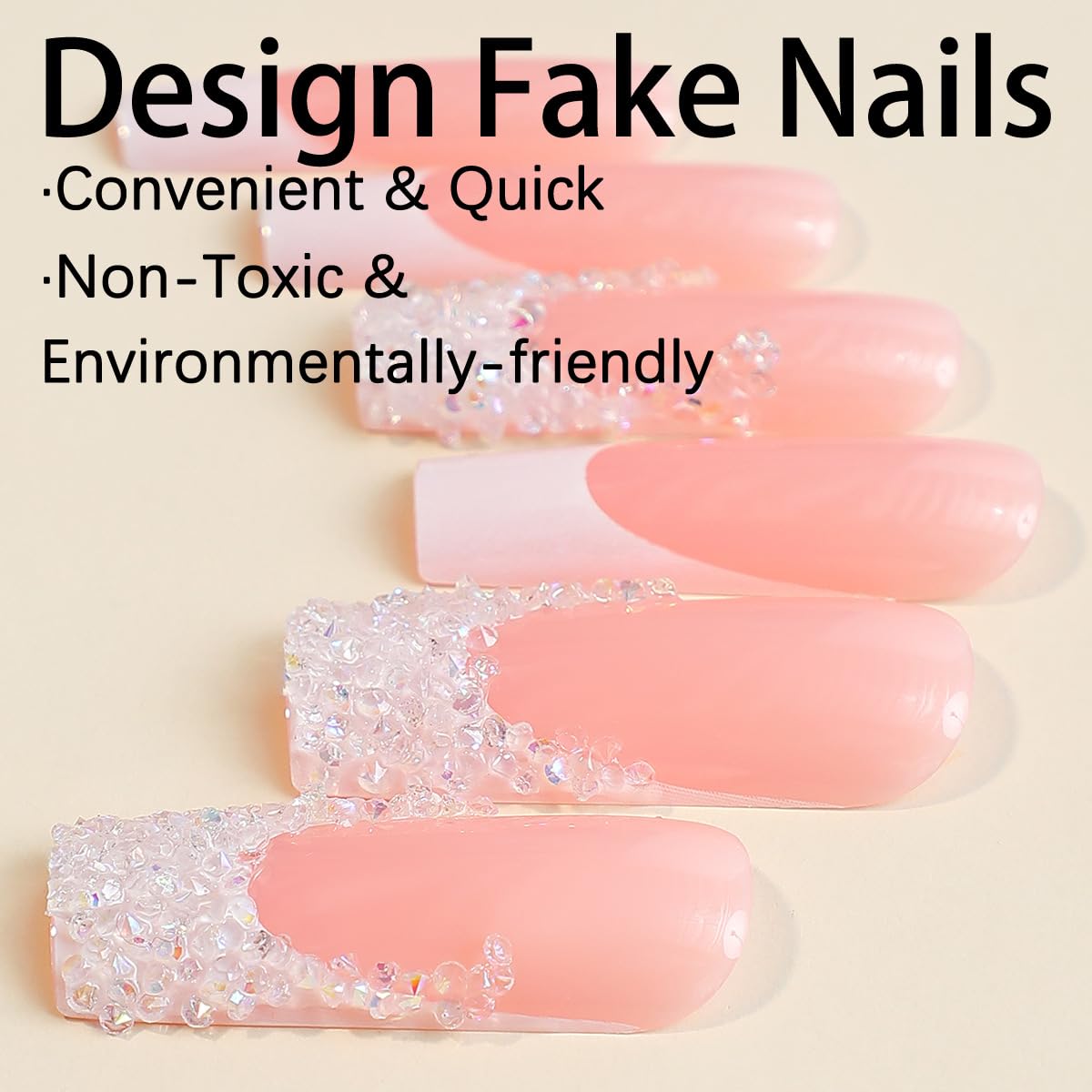 Sparkly French Rhinestone Long Coffin Press-On Nails Acrylic Fake Nails – Free Shipping