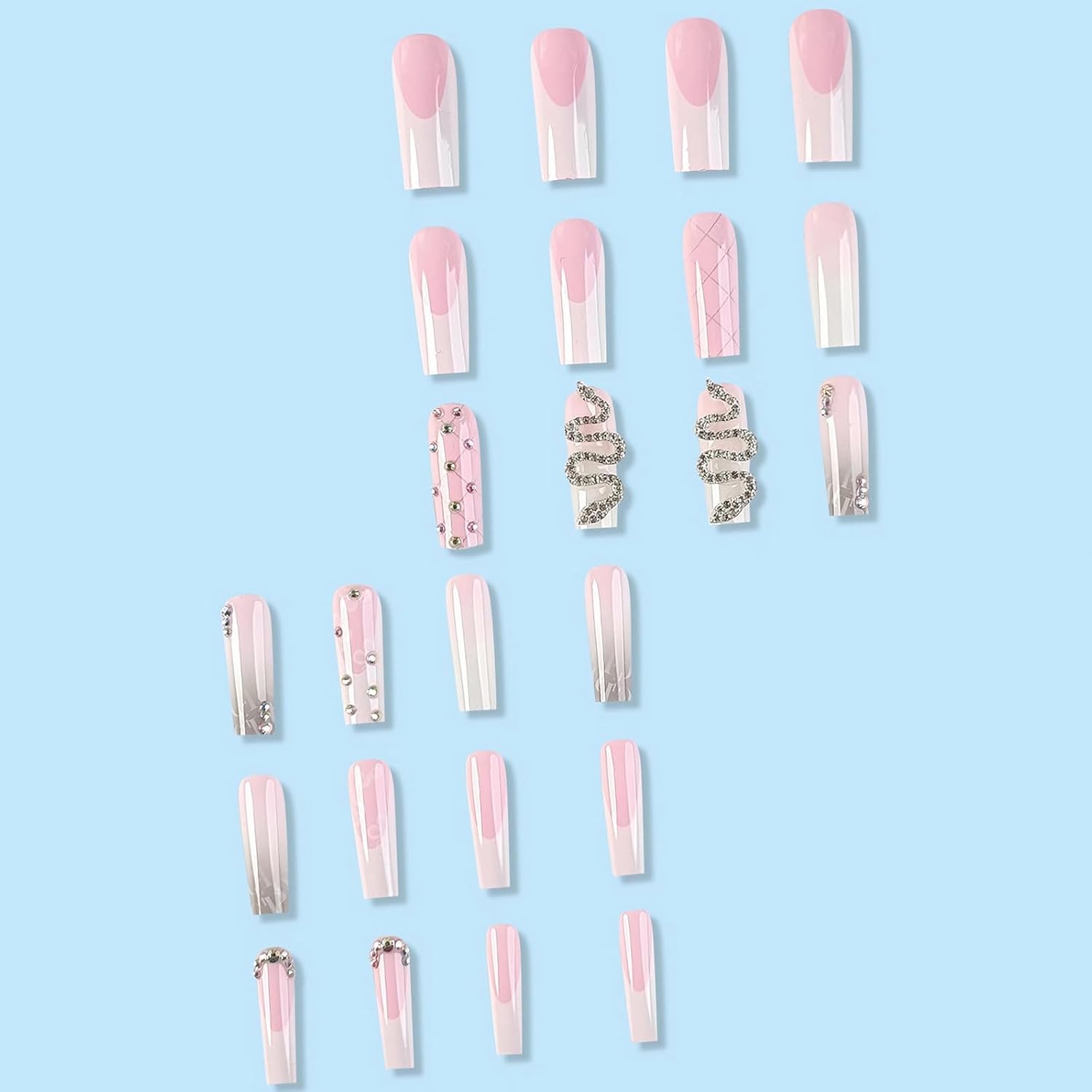 Snake Rhinestone White French Coffin Press-On Nails Acrylic False Nails-Free Shipping