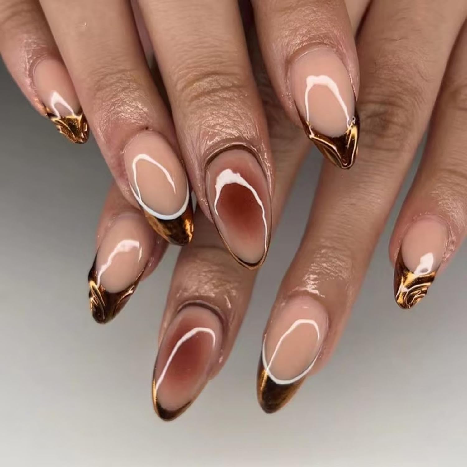 French Tip Press on Nails Ombre Fake Nails Medium Almond False Nails with Design Glossy Glue on Nails Artificial Acrylic Nail Full Cover Brown Stick on Nails for Women Girls Manicure 24Pcs