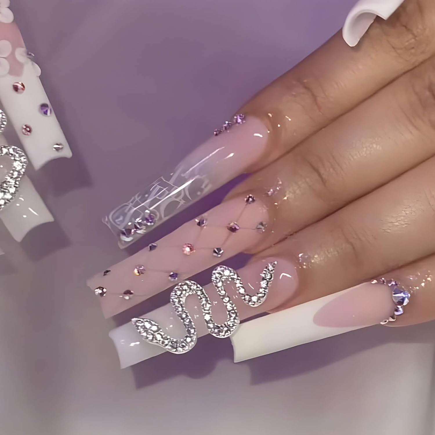 Snake Rhinestone White French Coffin Press-On Nails Acrylic False Nails-Free Shipping