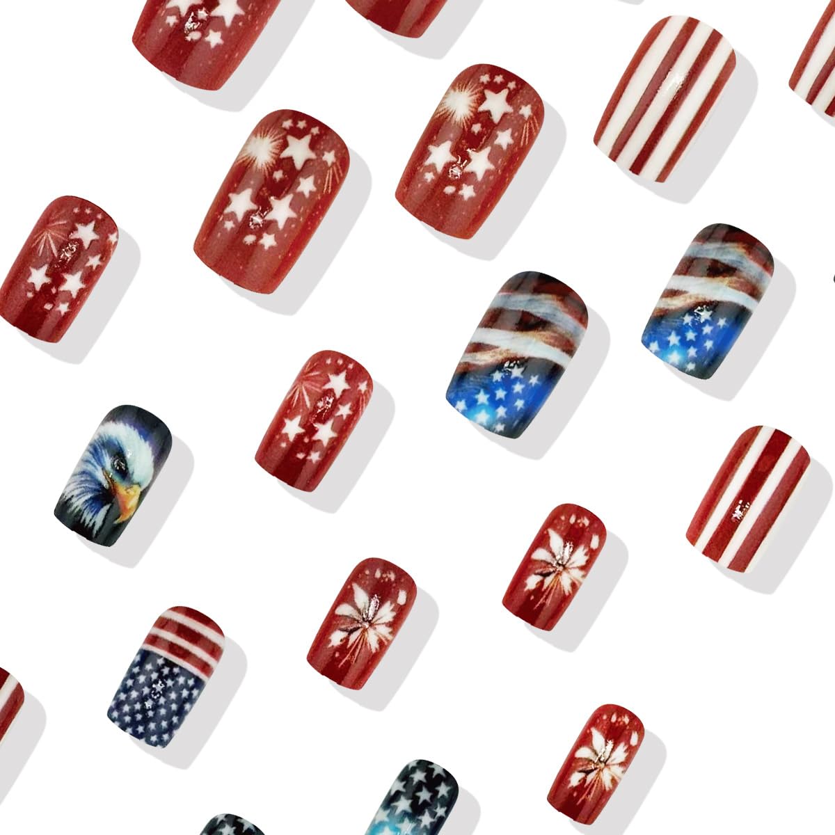 Medium Press on Nails Independence Day Fake Nails with Fireworks and Stripe Designs Bald Eagle Glue on Nails 4th of July Flag Stick on Nails Blue Red Glue on Nails for Women Girls 24Pcs