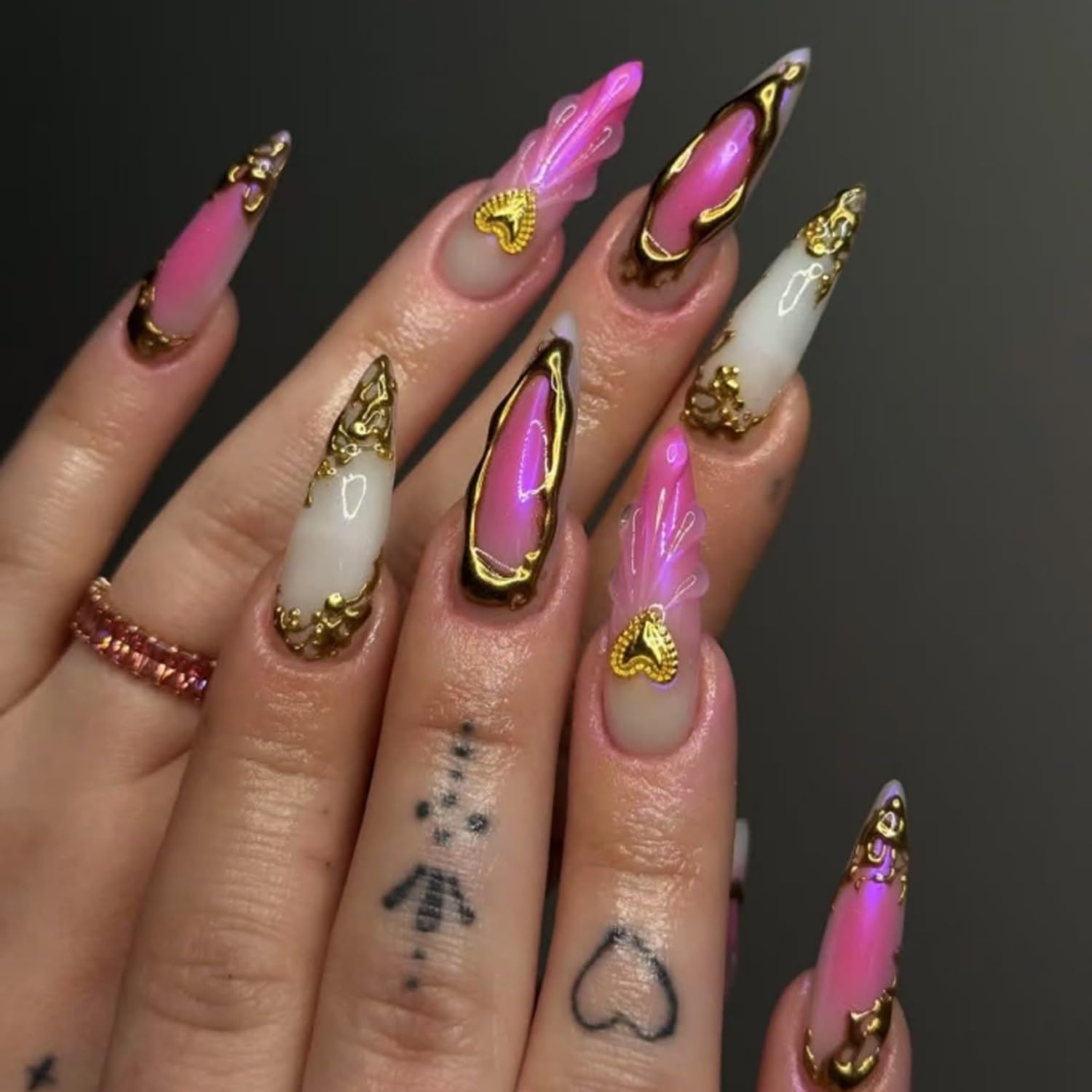 Press on Nails Long Almond Fake Nails with 3D Design Gold Glue on Nails Heart Stick on Nails Glossy Reusable Artificial Acrylic Full Cover False Nails for Women Manicure 24 Pcs (Gold-31, Nails-31)