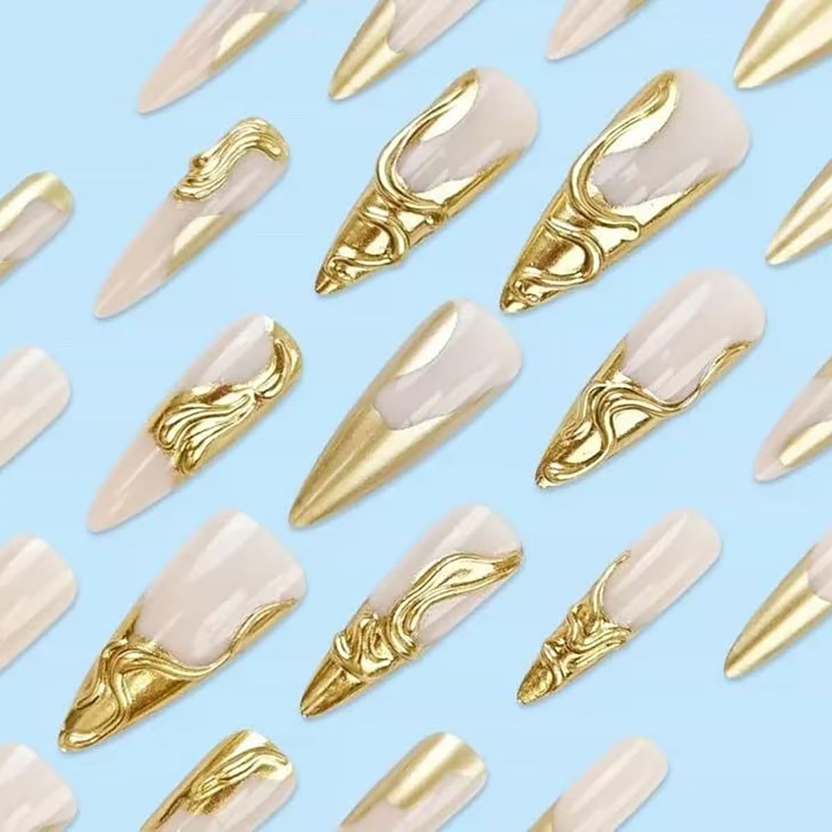 24Pcs Gold French Tip Press on Nails Long Almond Fake Nails with 3D Chrome Gold Irregular Lines Designs Glossy Nude Acrylic Nails Stiletto False Nails Full Cover Artificial Stick on Nails for Women