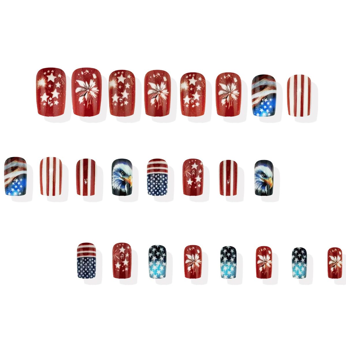 Medium Press on Nails Independence Day Fake Nails with Fireworks and Stripe Designs Bald Eagle Glue on Nails 4th of July Flag Stick on Nails Blue Red Glue on Nails for Women Girls 24Pcs