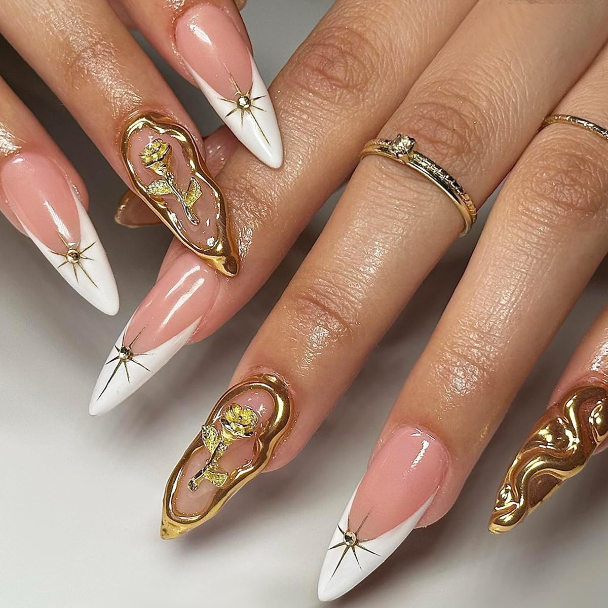 Almond Press on Nails Medium French Tip Fake Nails with Design Gold Line Star Glue on Nails 3D Flower Water Ripple Acrylic Nails Rose False Nails Full Cover Stick on Nails for Women Manicure 24Pcs