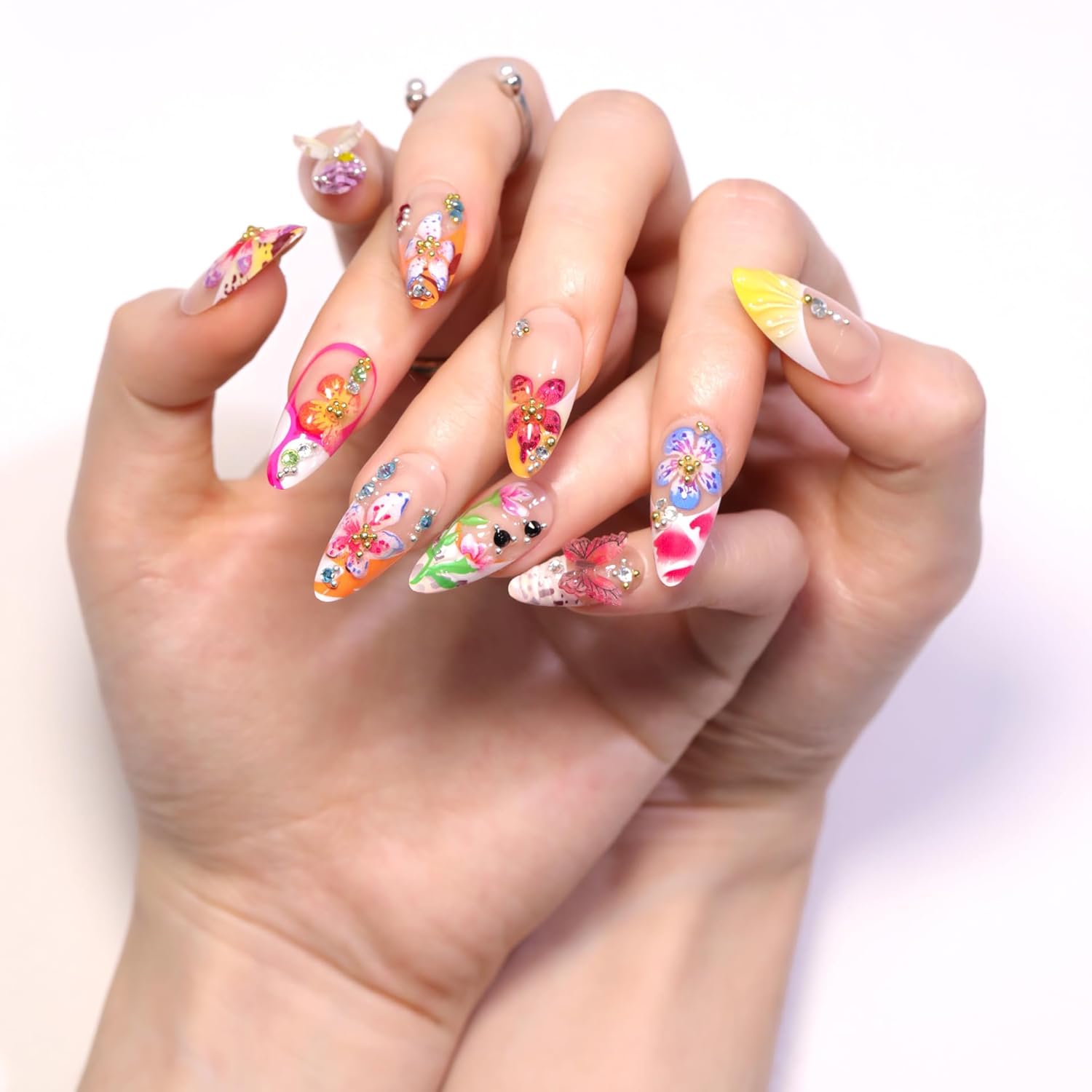 24Pcs Flower Press on Nails Medium Almond Fake Nails with 3D Colorful Spring Floral Butterfly Design Gold Beads Rhinestones Charms False Nails French Tips Glue on Nails for Women Daily Wear