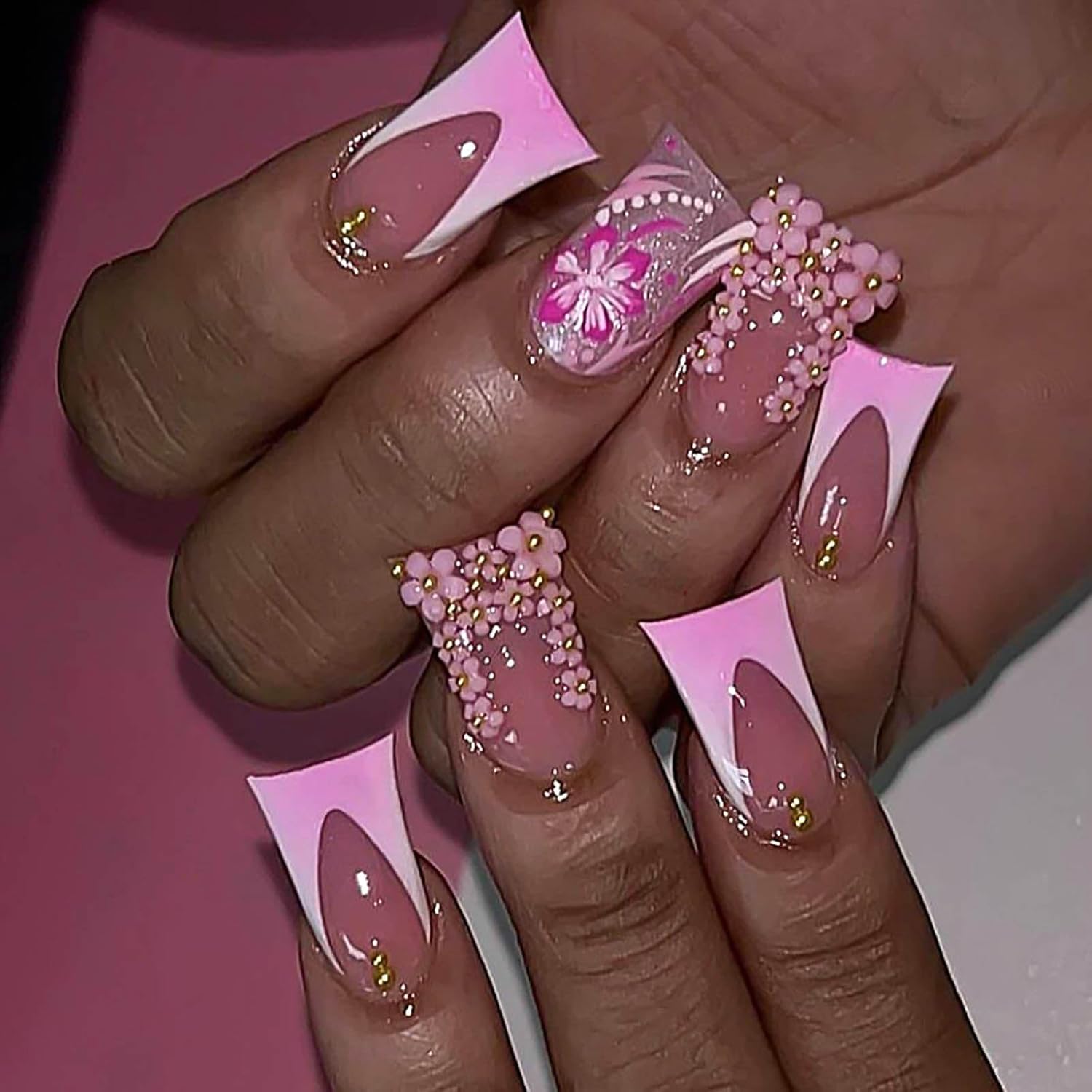 Pink Floral Duck French Press-On Nails Acrylic Fake Nails - Free Shipping
