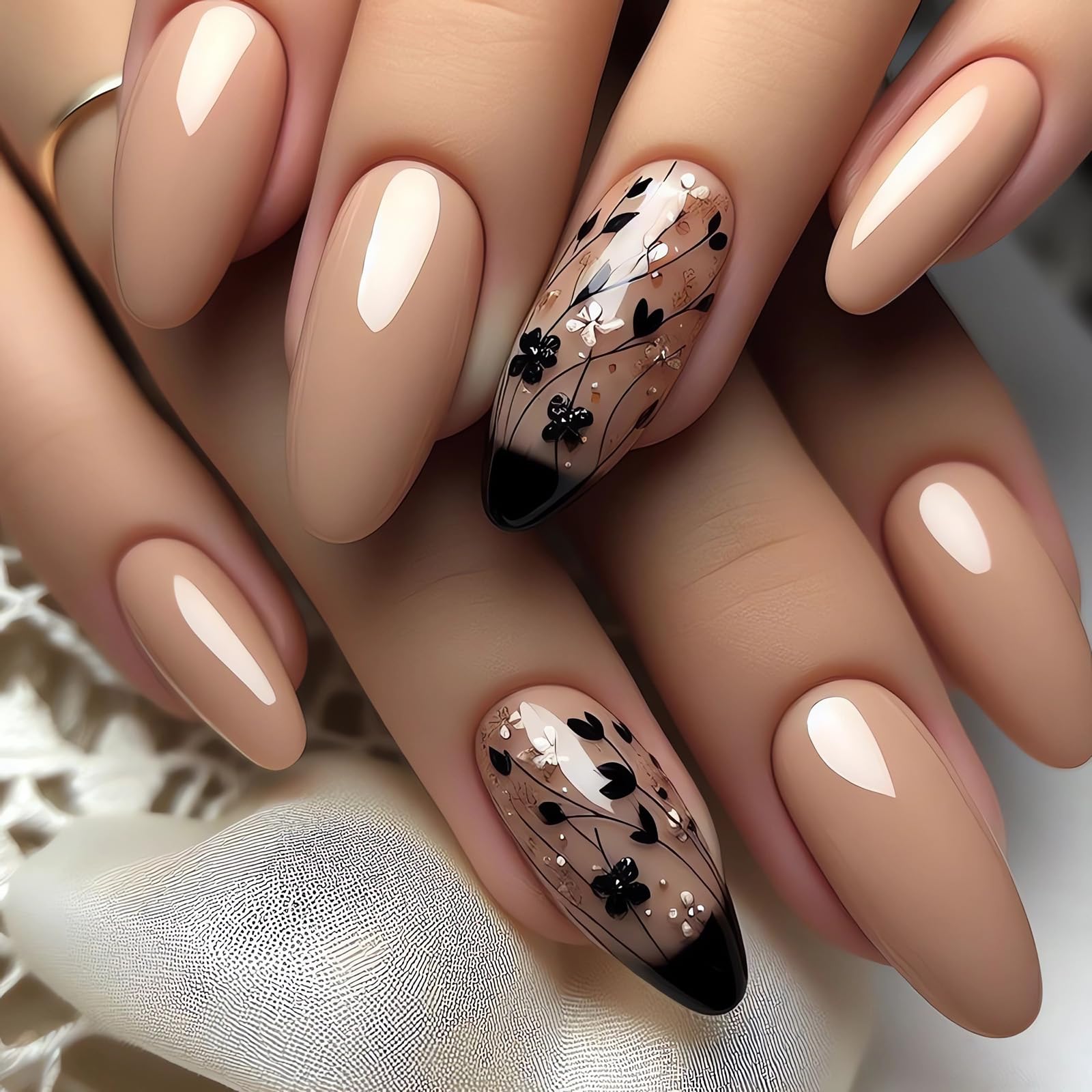 Leopard Press on Nails Almond Medium Fake Nails Gold Black Glue on Nails Full Cover Acrylic False Nail Tips Glossy Artificial Nails Medium Almond Stick on Nails for Women Manicure Decorations
