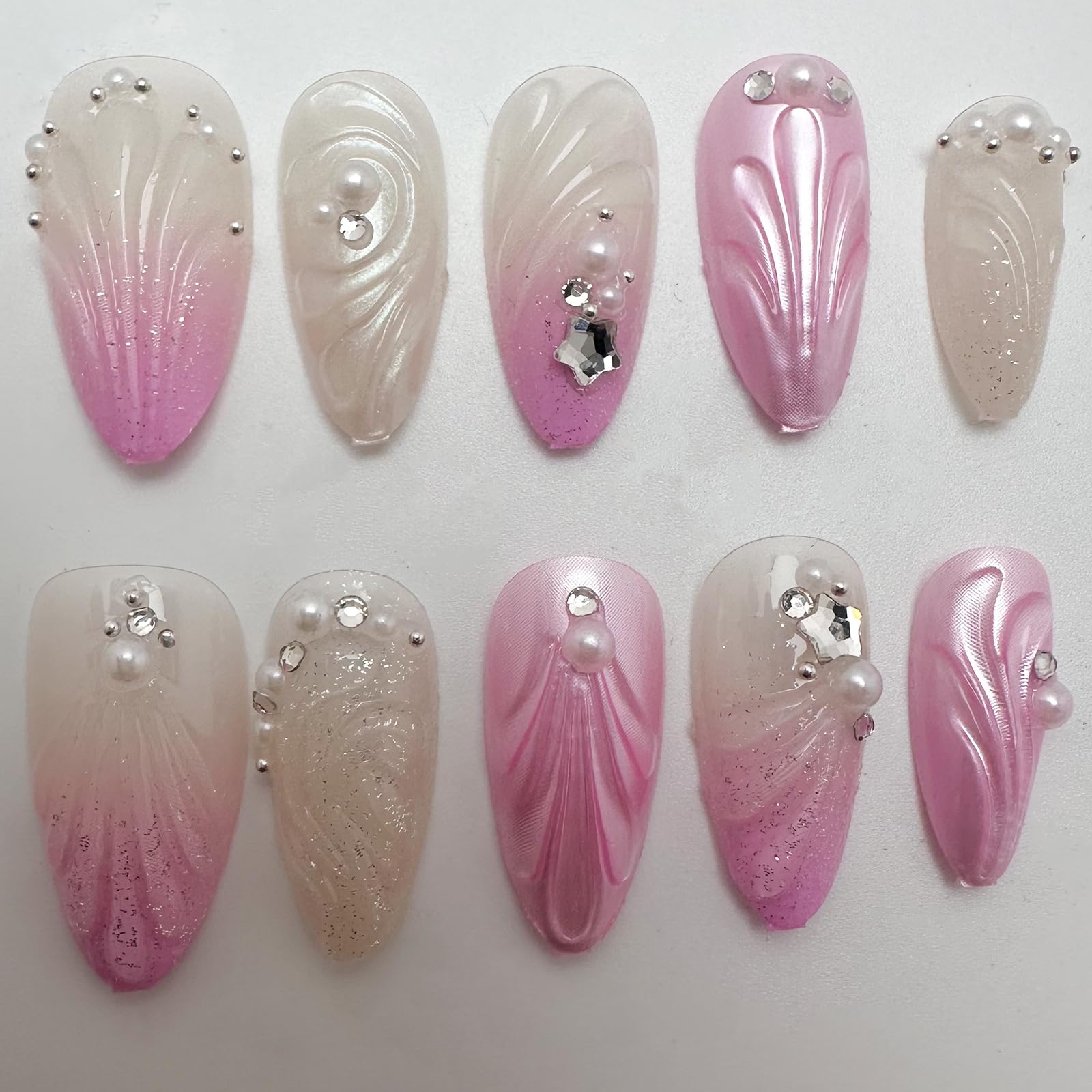 24Pcs Flower Press on Nails Medium Almond Fake Nails with 3D Colorful Spring Floral Butterfly Design Gold Beads Rhinestones Charms False Nails French Tips Glue on Nails for Women Daily Wear