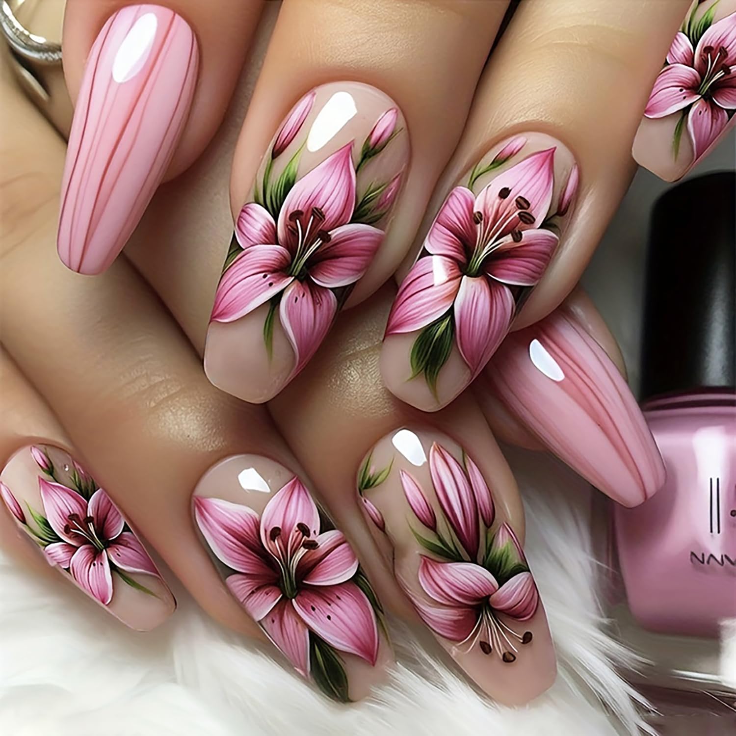 24Pcs Stiletto Press on Nails with Designs, Summer Fake Nails Full Cover Glue on Nails Long Acrylic Nails Press on Black False Nails Reusable Artificial Stick on Nails for Women Nail Decorations