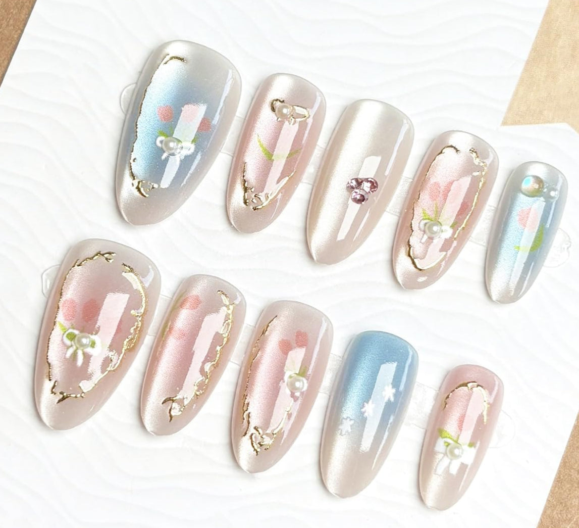 30pcs Green Press on Nails Medium Almond Fake Nails With 3D Flower Pearl Rhinestone Design Gold Beads Butterfly False Nails Star Glue on Nails 3D Summer Floral Full Cover Stick on Nails for Women