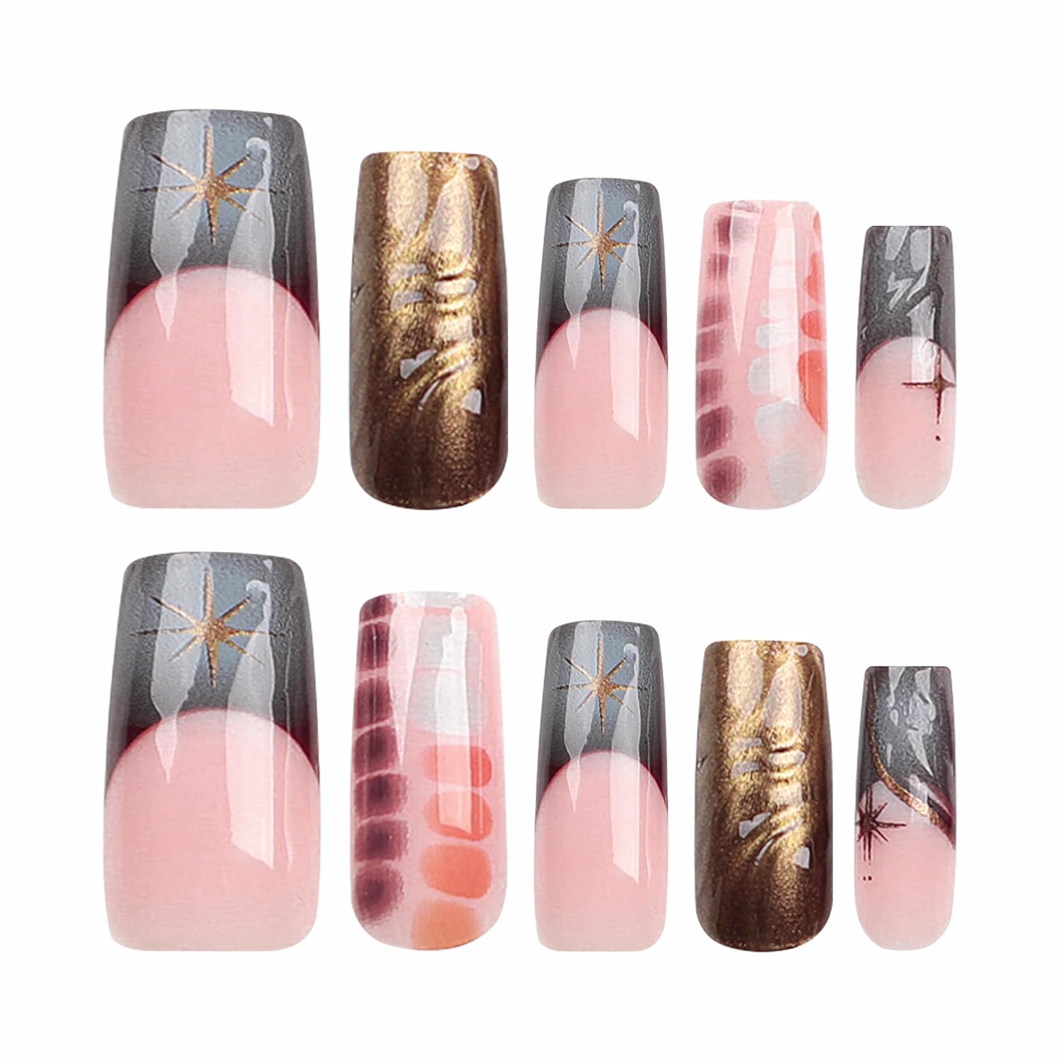 Golden Brown Abstract Starry Chrome Long Coffin Press-On Nails Acrylic Fake Nails-Free Shipping