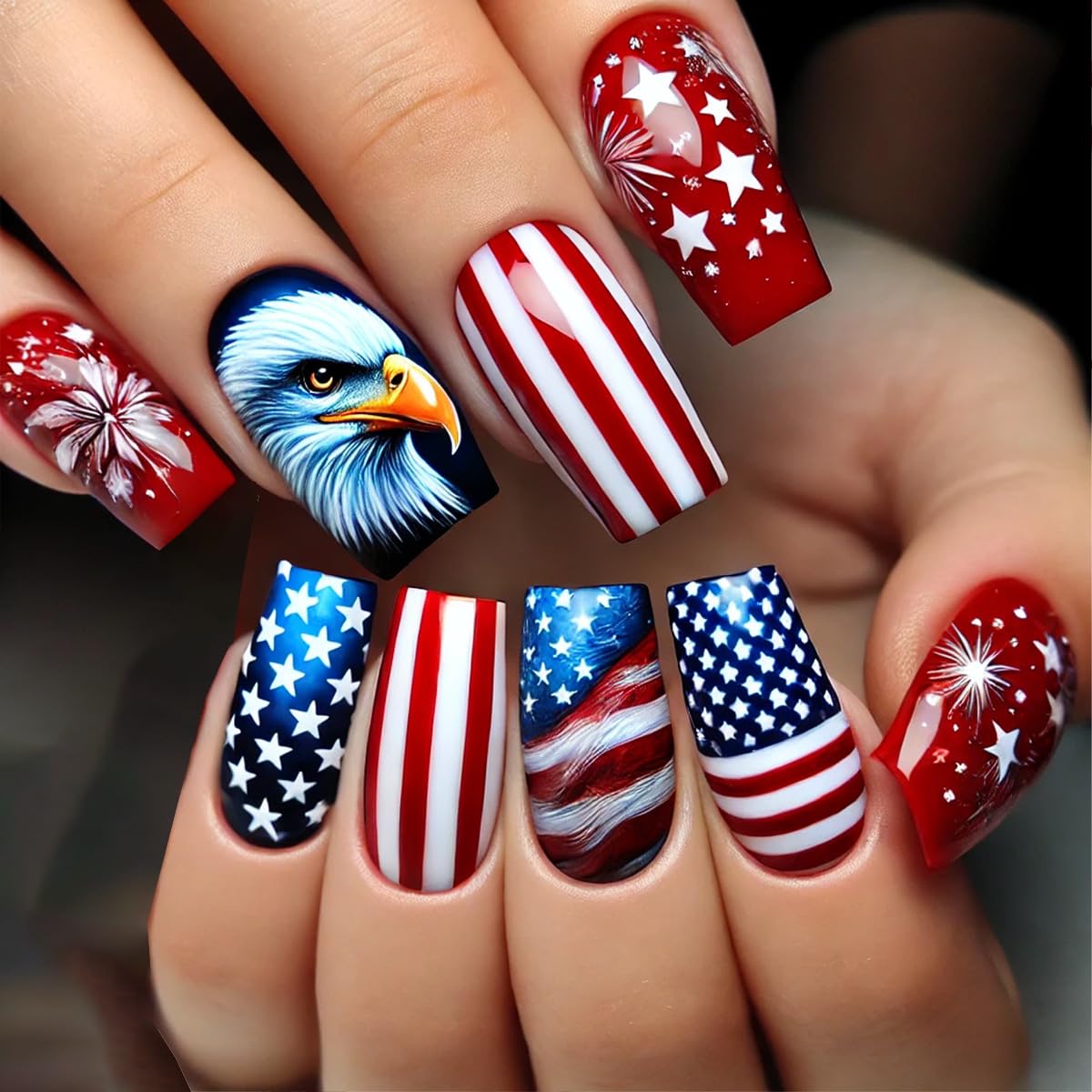 Medium Press on Nails Independence Day Fake Nails with Fireworks and Stripe Designs Bald Eagle Glue on Nails 4th of July Flag Stick on Nails Blue Red Glue on Nails for Women Girls 24Pcs