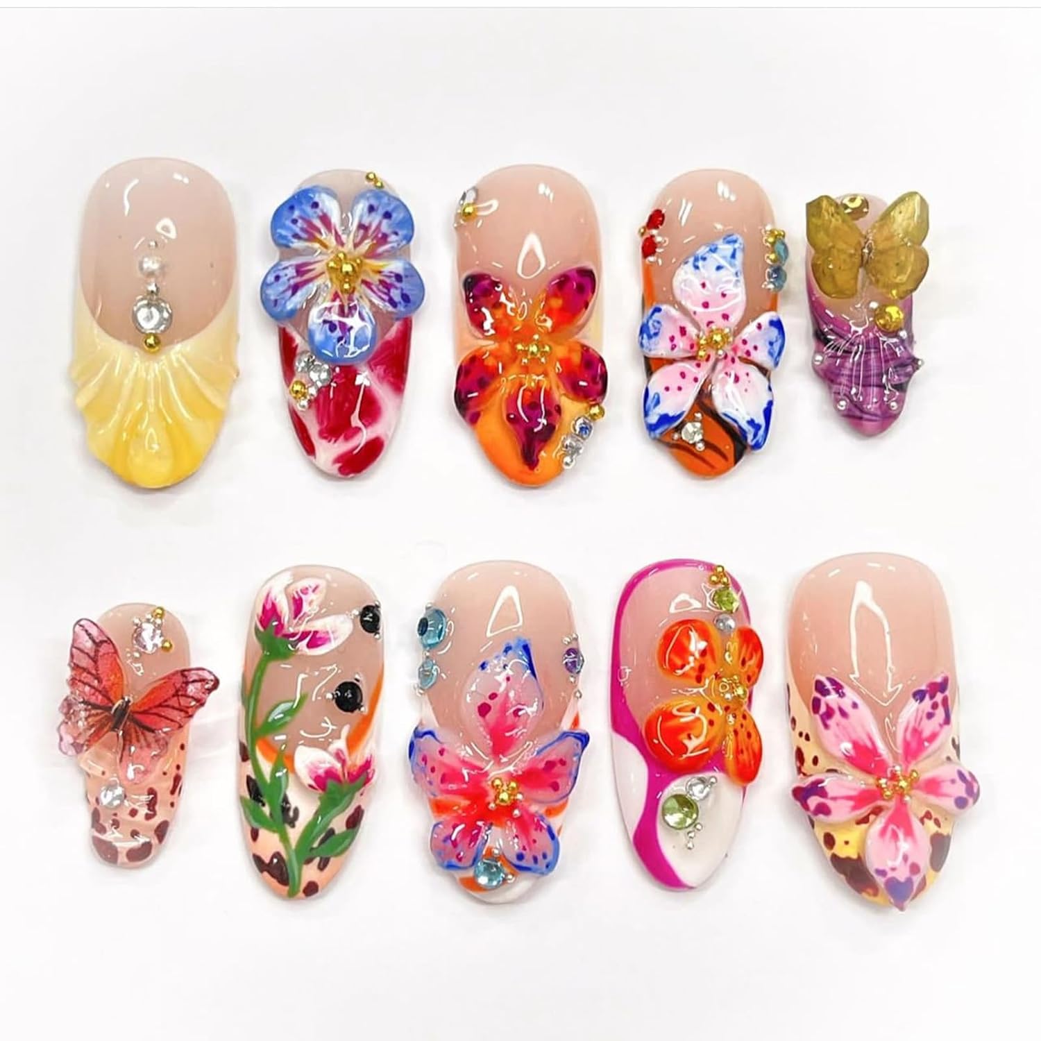 24Pcs Flower Press on Nails Medium Almond Fake Nails with 3D Colorful Spring Floral Butterfly Design Gold Beads Rhinestones Charms False Nails French Tips Glue on Nails for Women Daily Wear