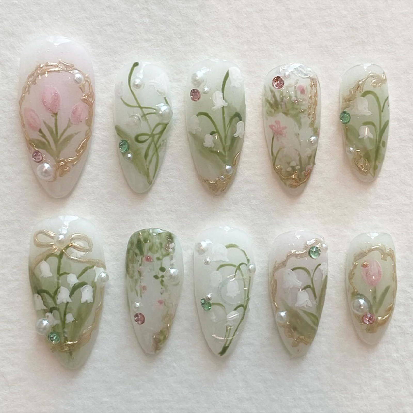 Peach Blossom Press on Nails Short Medium Almond Fake Nails with 3D Pearl Diamond Designs Pink Flower Full Cover Stick on Nails Pink White Gradient Glossy Acrylic Nails False Nails for Women 24Pcs
