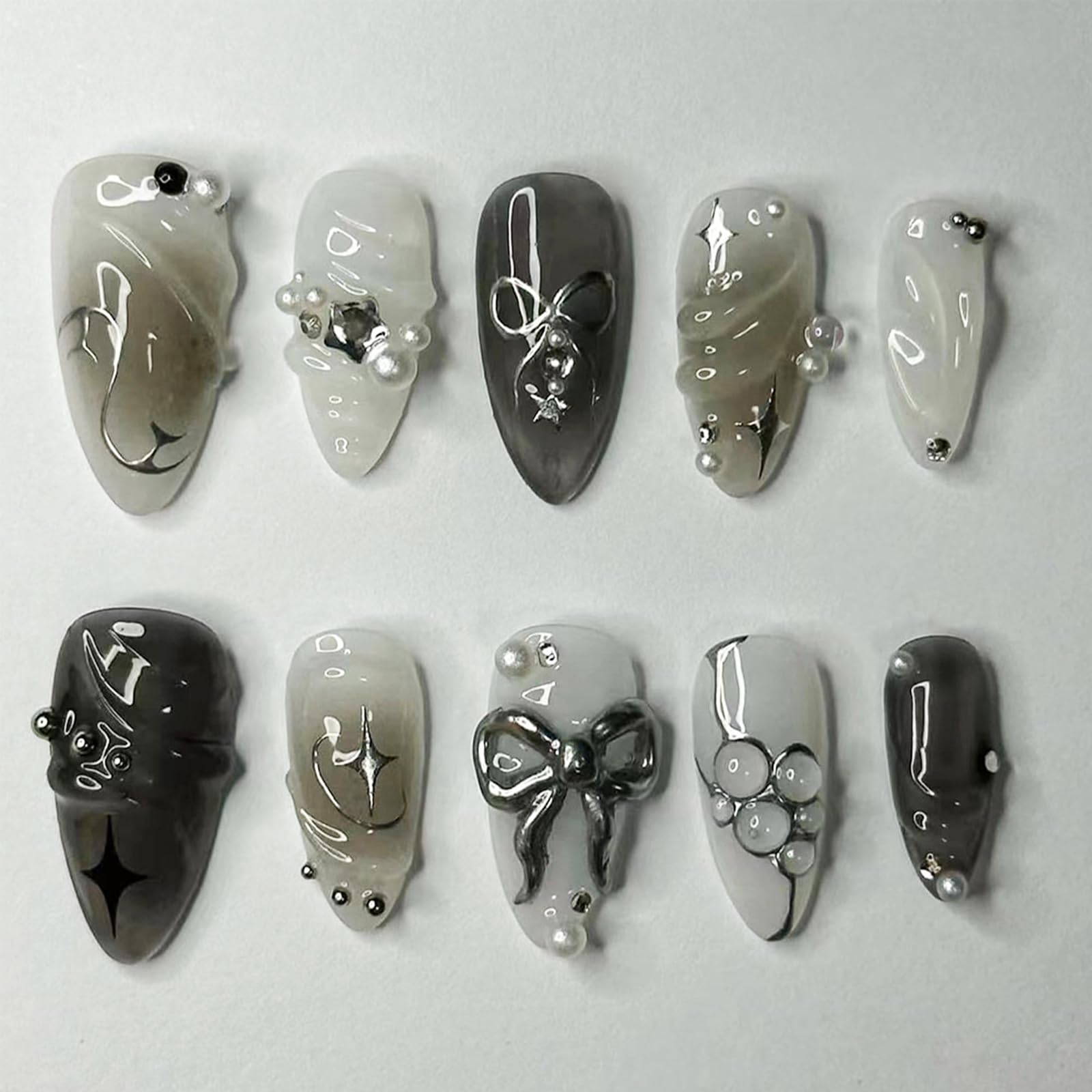 Peach Blossom Press on Nails Short Medium Almond Fake Nails with 3D Pearl Diamond Designs Pink Flower Full Cover Stick on Nails Pink White Gradient Glossy Acrylic Nails False Nails for Women 24Pcs