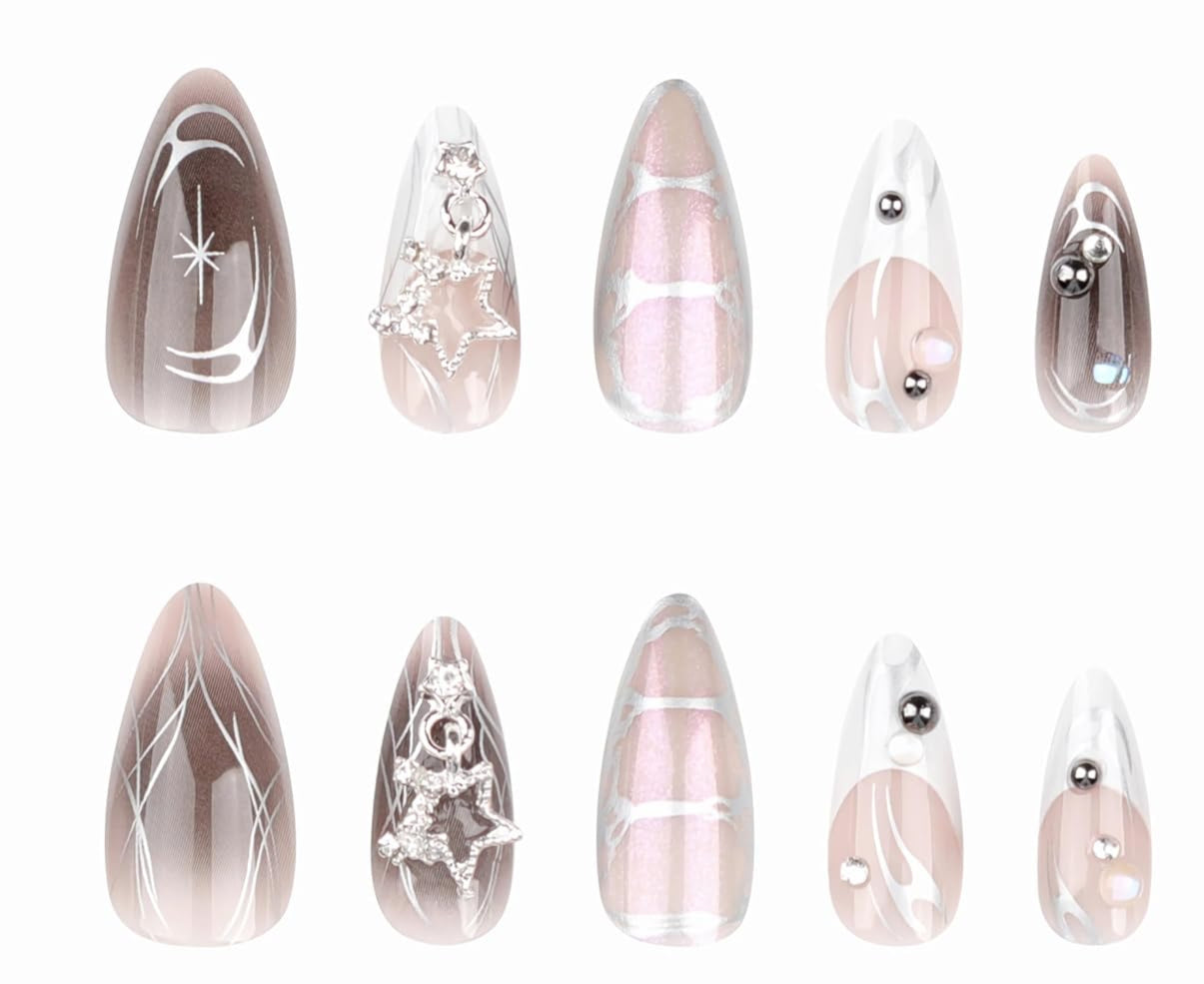 BABALAL Press on Nails Medium Almond Fake Nails Y2K Sliver Chrome Glue ons Nails French Tip Metallic Star Charm Design Acrylic Nails 24Pcs Stiletto Manicure False Nails
