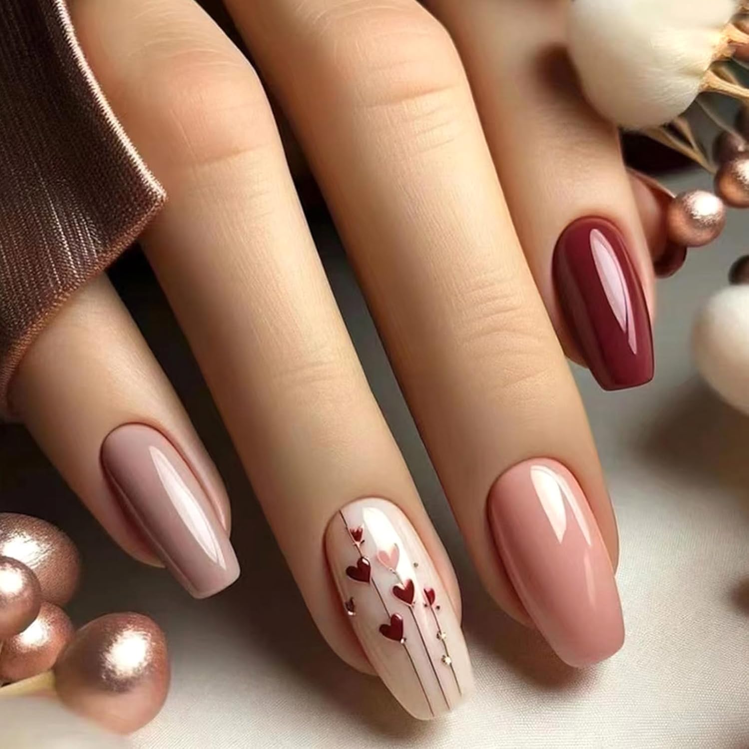 Valentines Press on Nails Medium Coffin Fake Nails with Love Heart Design Full Cover False Nails Cute Pink Heart Artificial Nails Valentines Day Stick on Nails for Women Girls 24 Pcs