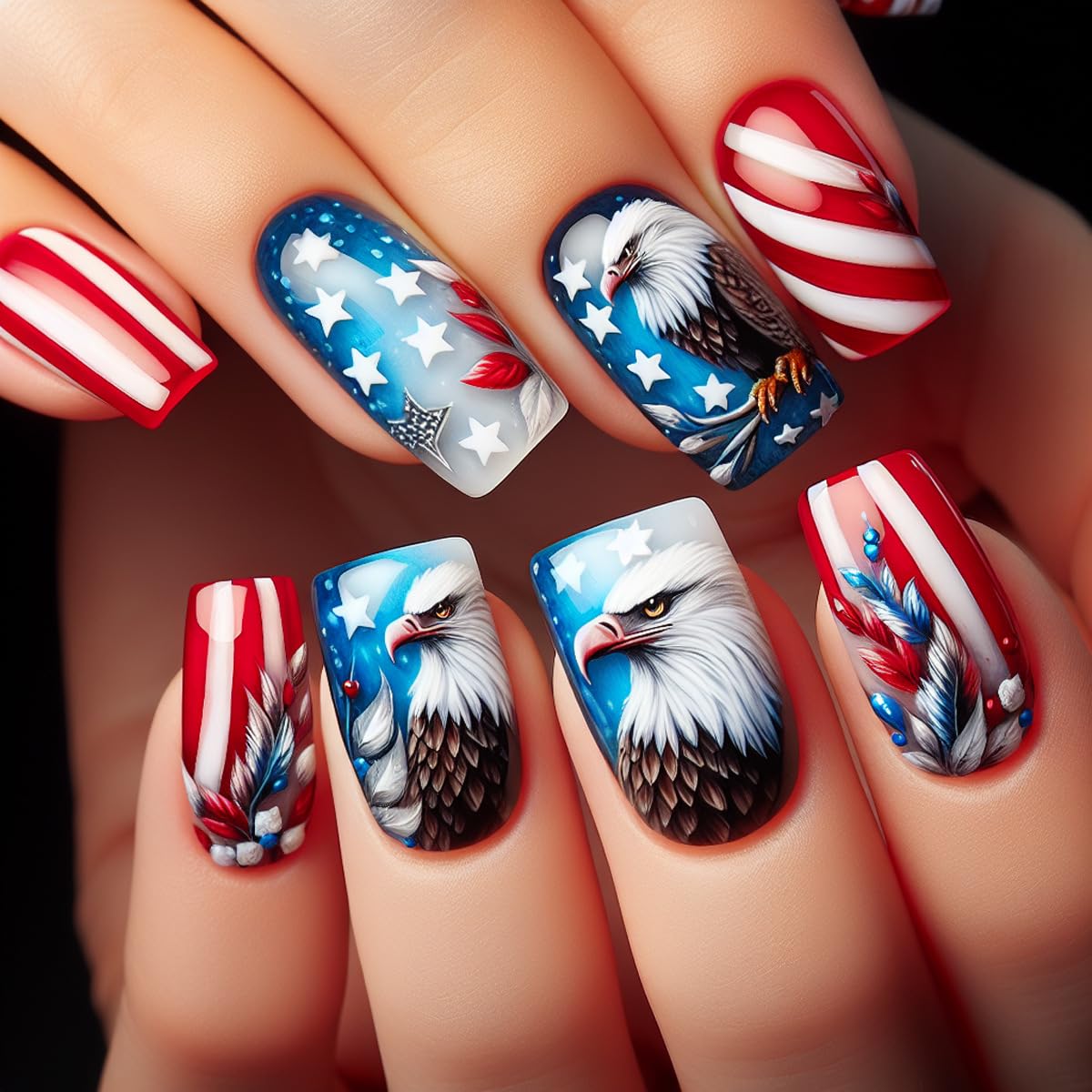 Press on Nails Independence Day Medium Length Fake Nails Red Stripe Glossy False Nails with 3D Star Designs 4th of July Reusable Acrylic Nails Square False Nails for Women Girls 24Pcs