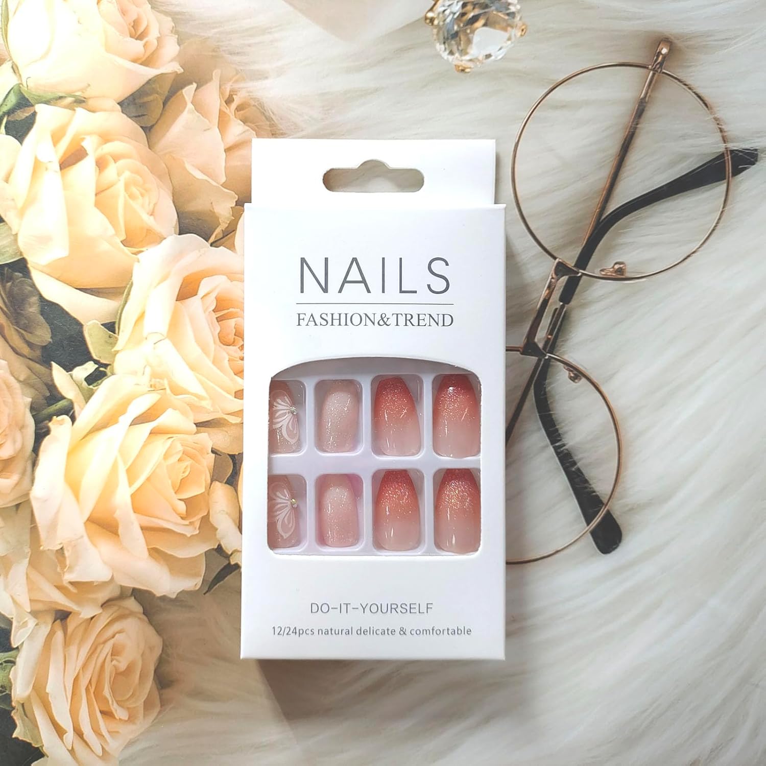 Glamorous Rhinestone Flower Coffin Press-On Nails Acrylic False Nails - Free Shipping