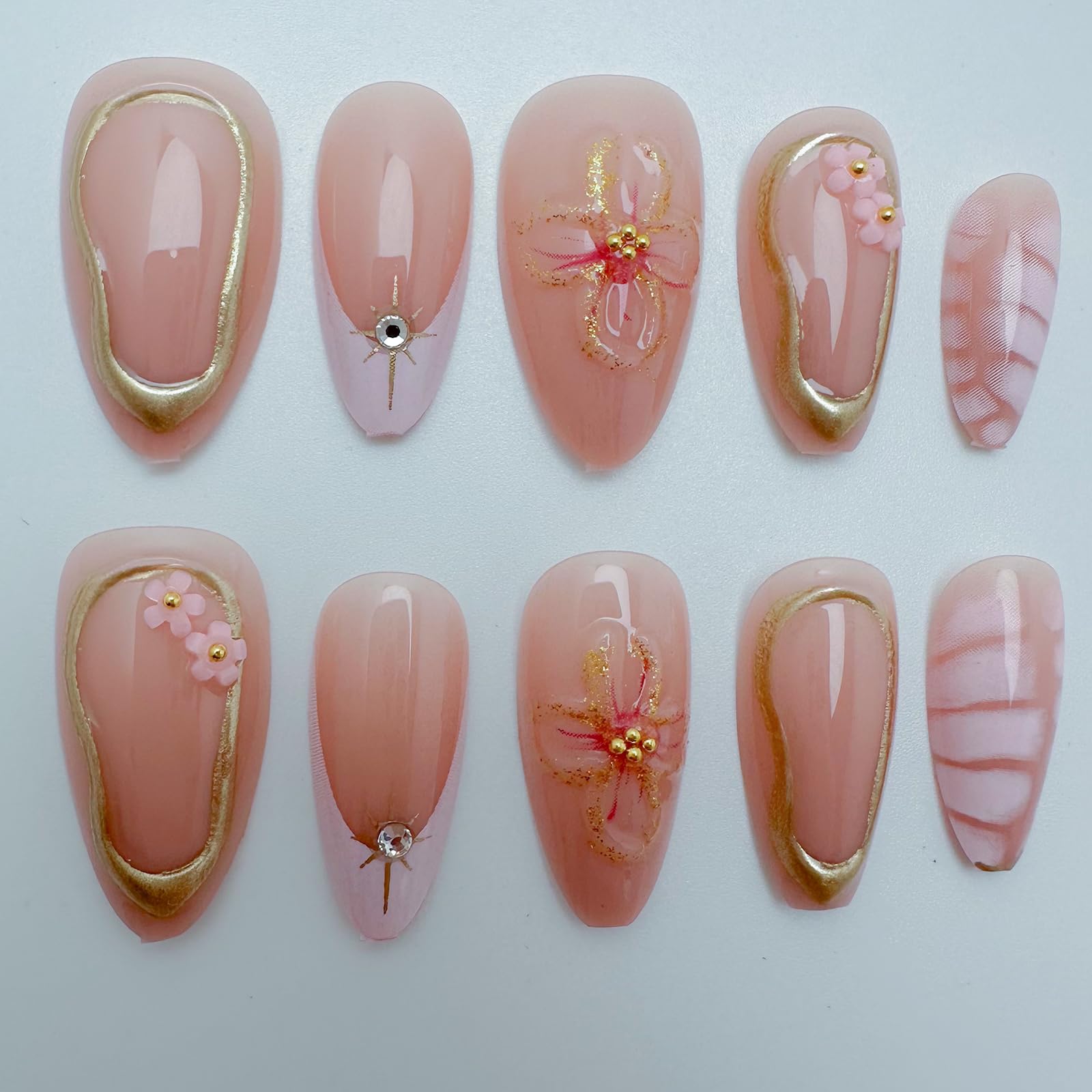 24Pcs Flower Press on Nails Medium Almond Fake Nails with 3D Colorful Spring Floral Butterfly Design Gold Beads Rhinestones Charms False Nails French Tips Glue on Nails for Women Daily Wear