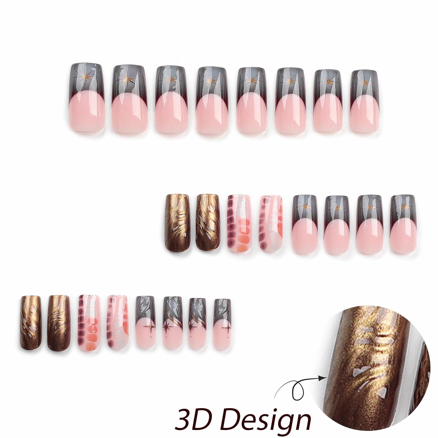 Golden Brown Abstract Starry Chrome Long Coffin Press-On Nails Acrylic Fake Nails-Free Shipping