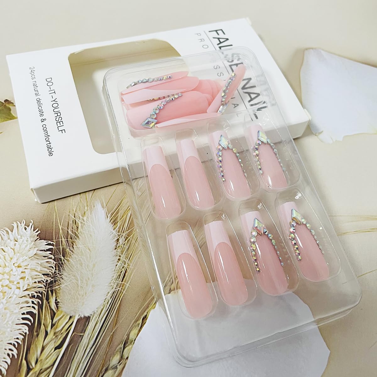 Pink French Rhinestone Long Coffin Press-on Nails Acrylic False Nails - Free Shipping