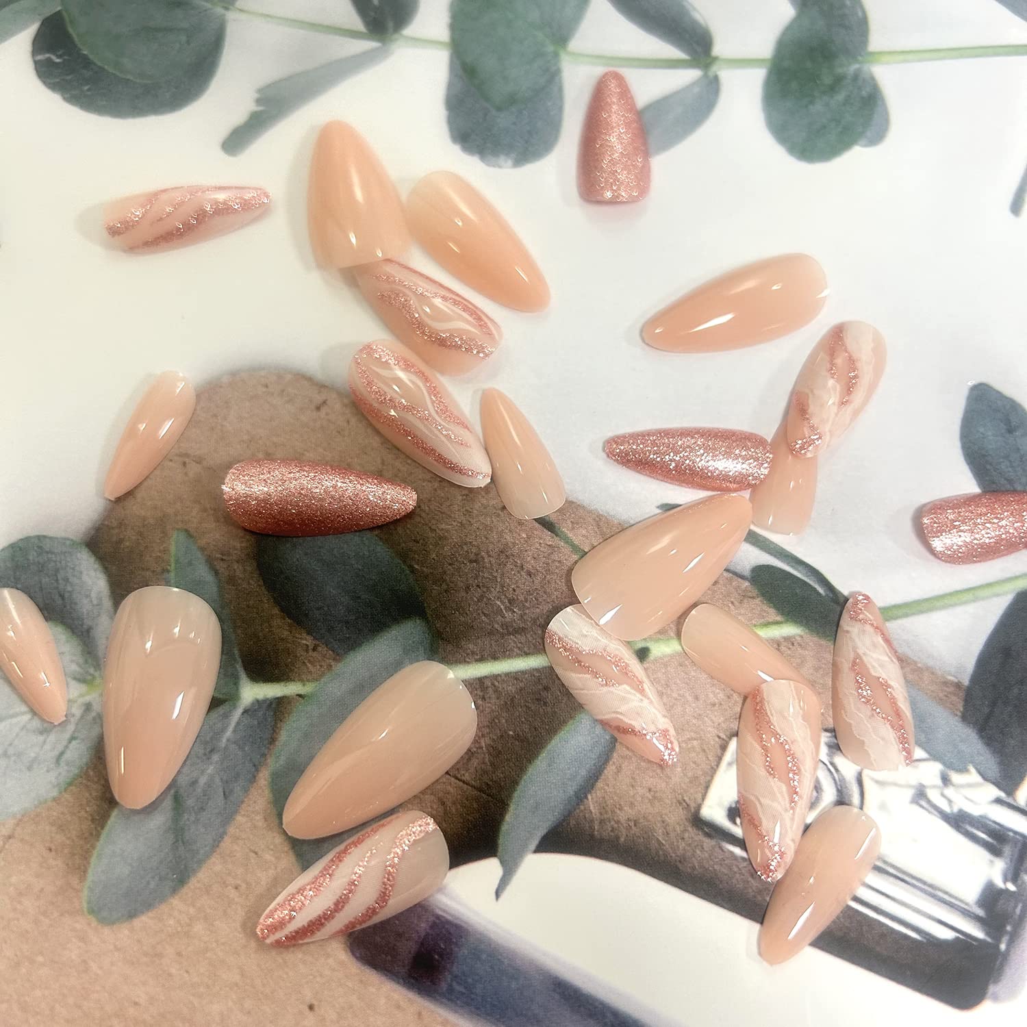 Medium Almond Tip Press on Nails Nails Artificial Acrylic Fake Nails with Pink Glitter Powder Designs, 24Pcs Full Cover Reusable Coffin False Nails Set Women Glue on Nails Stick on Nails for Nail Art